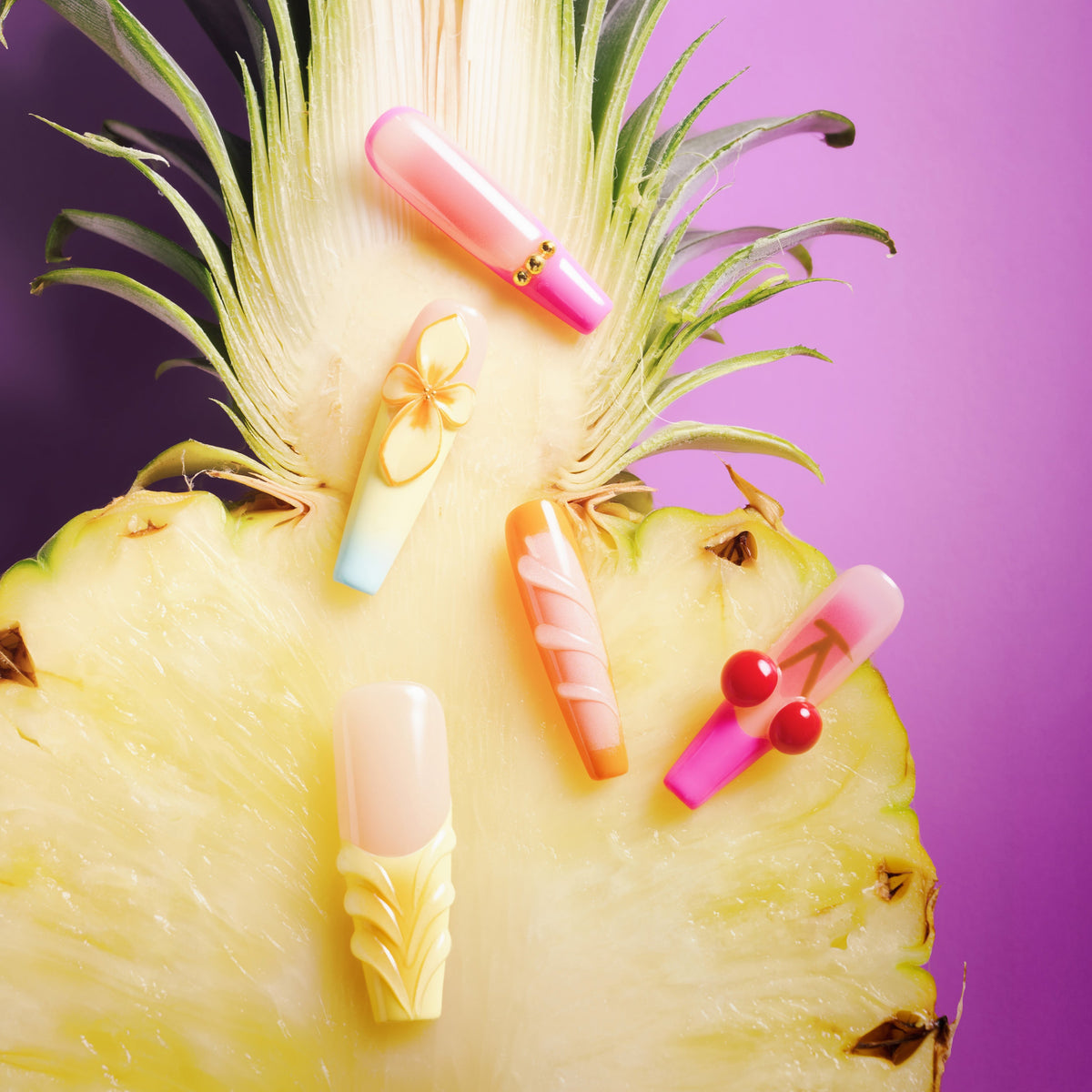 Sunset Cherry – fruity press on nails with cherry motifs, gradient sunset tones, and floral accents