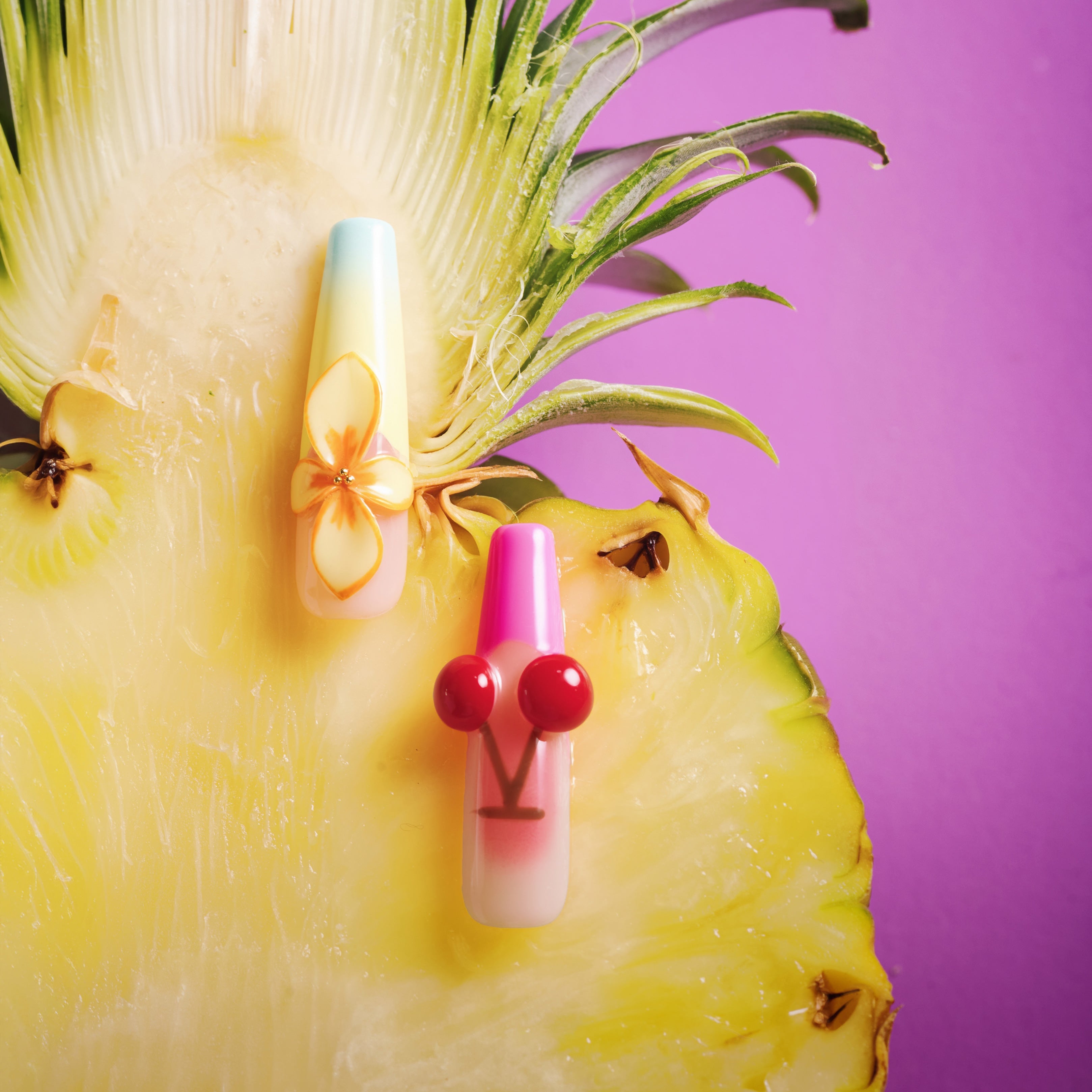 Sunset Cherry – fruity press on nails with cherry motifs, gradient sunset tones, and floral accents