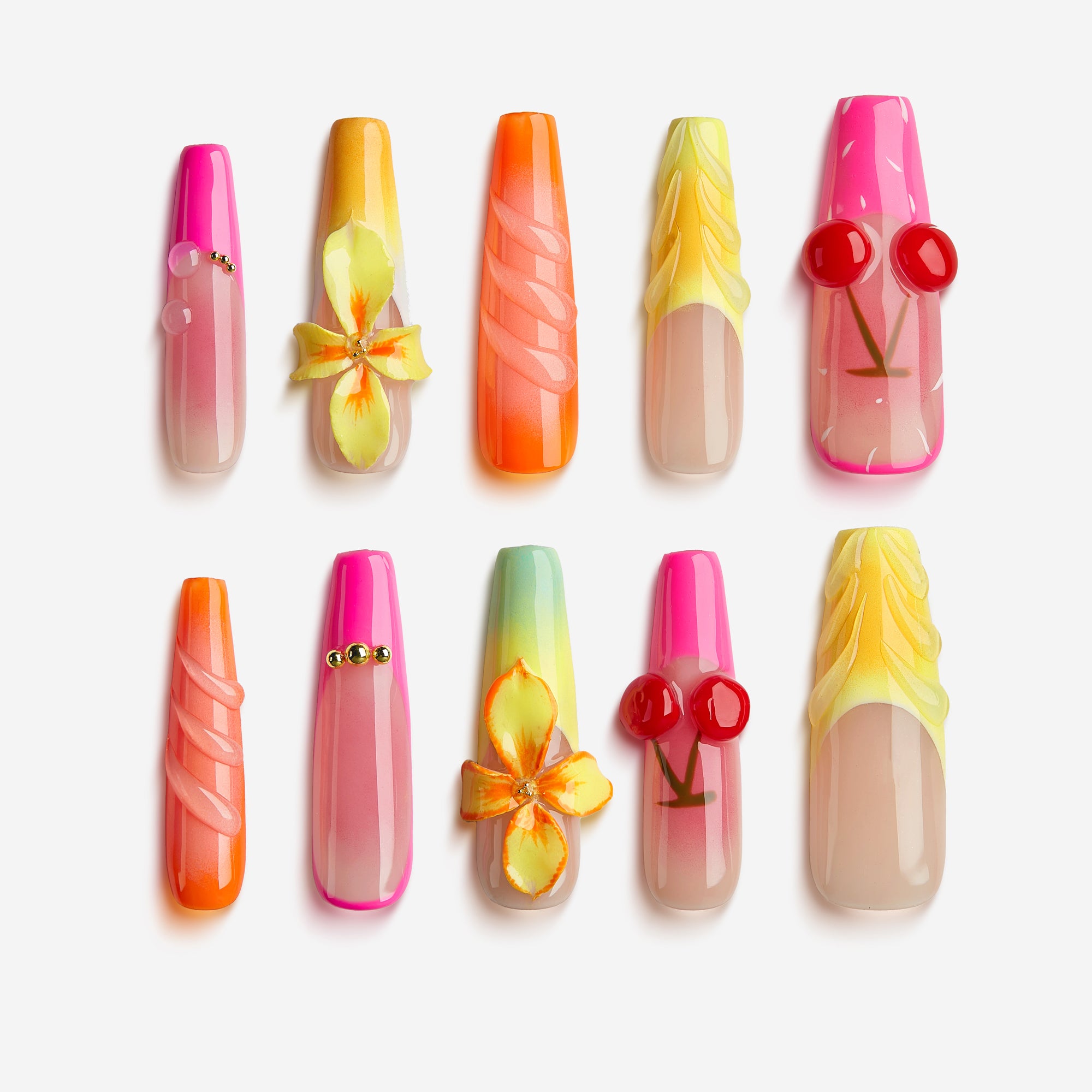 Sunset Cherry – fruity press on nails with cherry motifs, gradient sunset tones, and floral accents