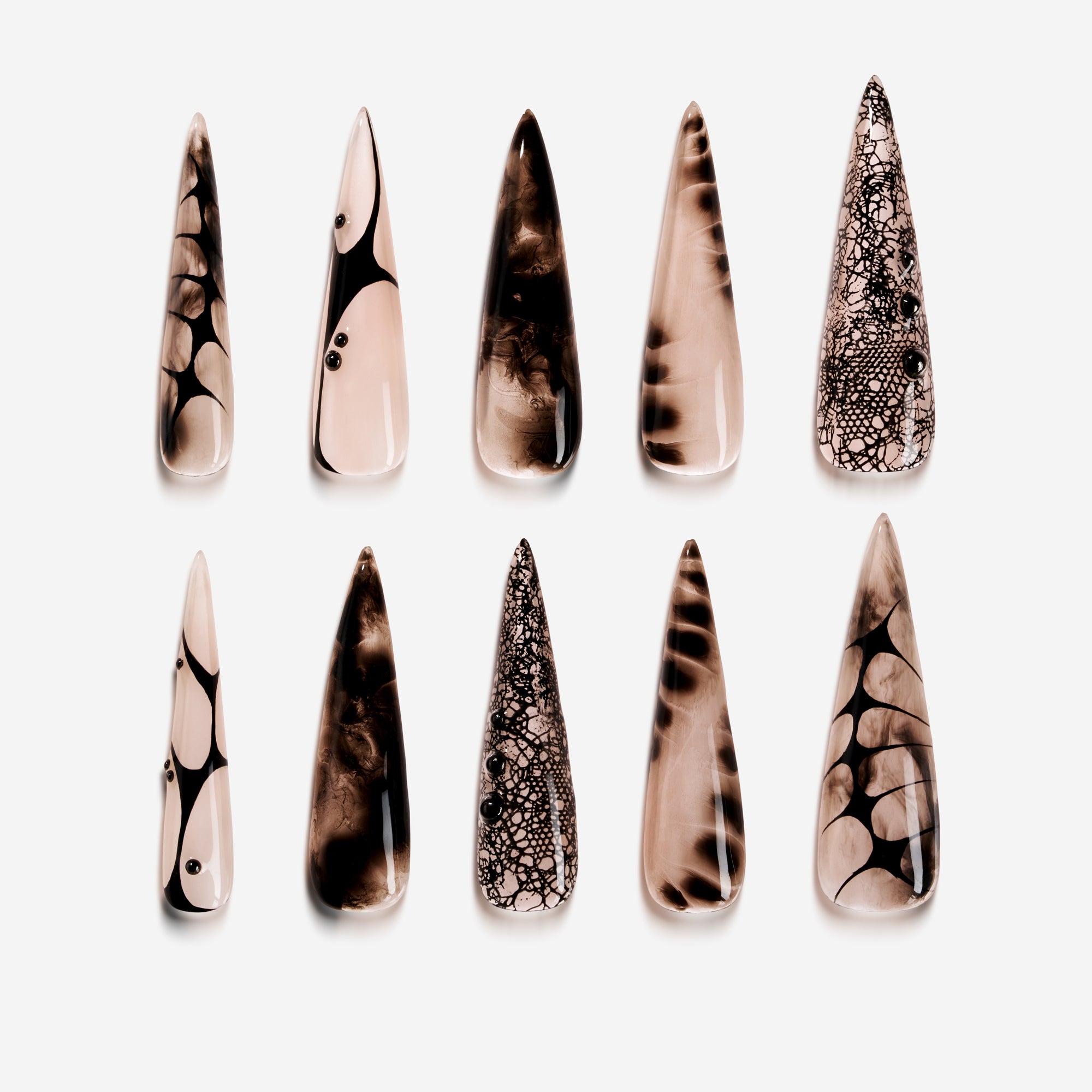 Web of Mist– Halloween press on nails with smoky black gradients and spiderweb textures