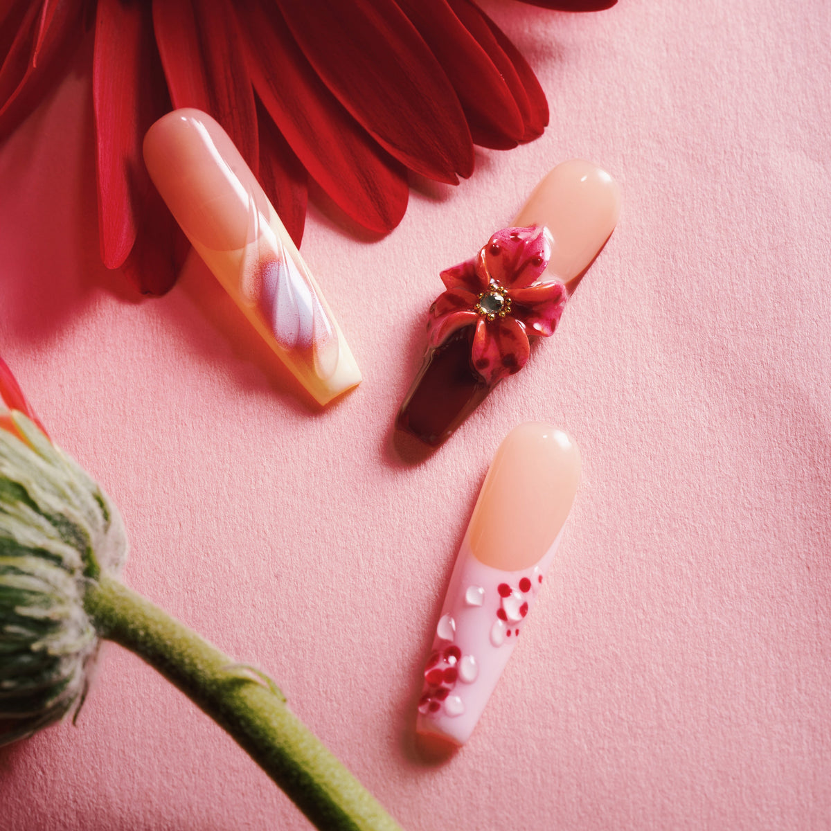 Wildberry Petals – vibrant press on nails with deep berry tones, floral accents, and textured 3D dots