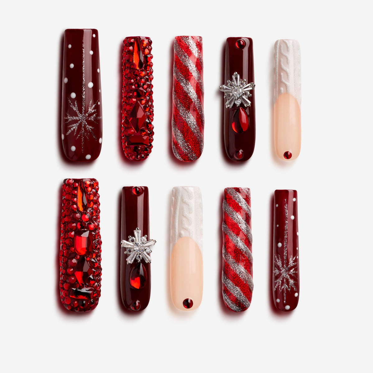 Winter Red Charm – red press-on nails with glitter stripes and 3D snowflake gems for Christmas celebrations