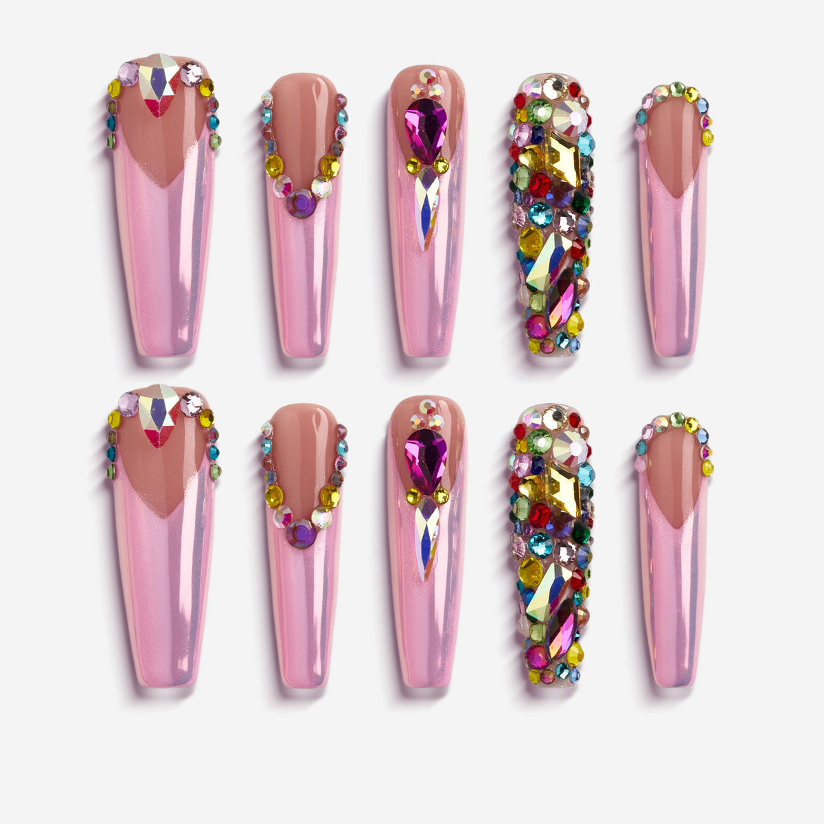 dresup Pink Sparkle Gradient press on nails featuring chrome shine and crystal details. Glossy glam false nails.
