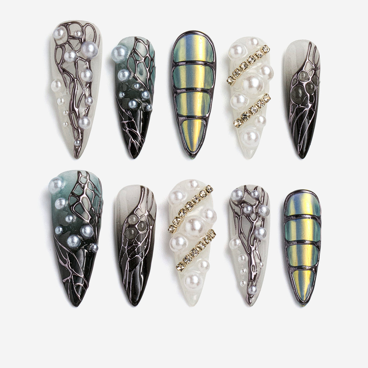 dresup Silver Coral press on nails featuring chrome texture and pearl details. Luxury ocean-inspired false nails.