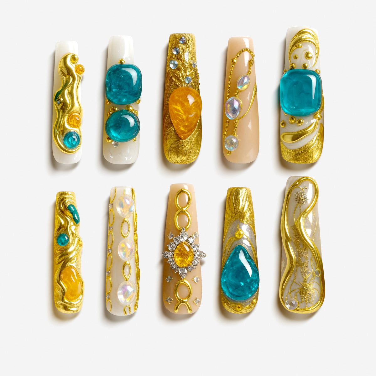 Luxury gold and turquoise gemstone press on nails with sculpted metal texture and jewel accents