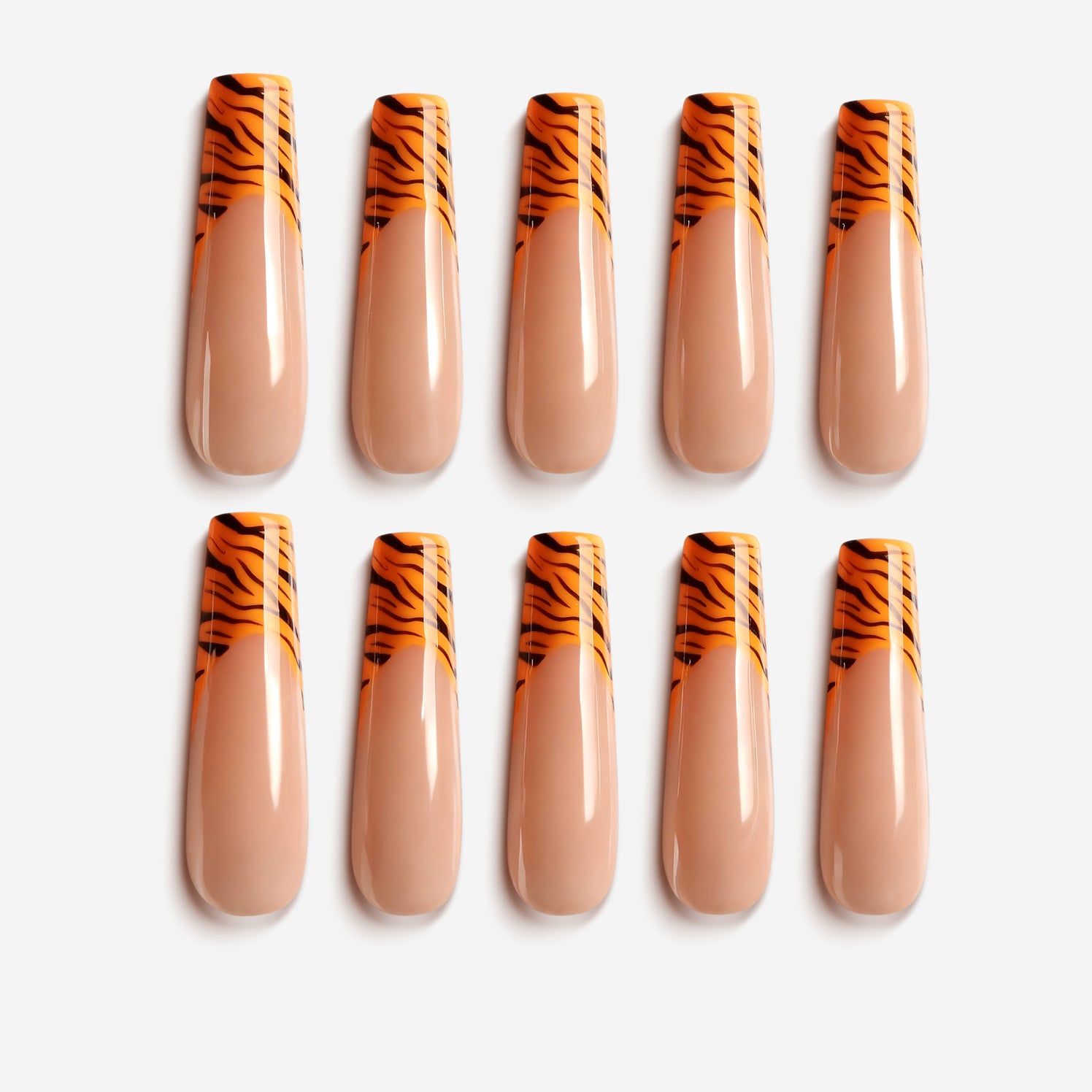  Ember Tiger Tips press on nails with orange tiger-stripe French design