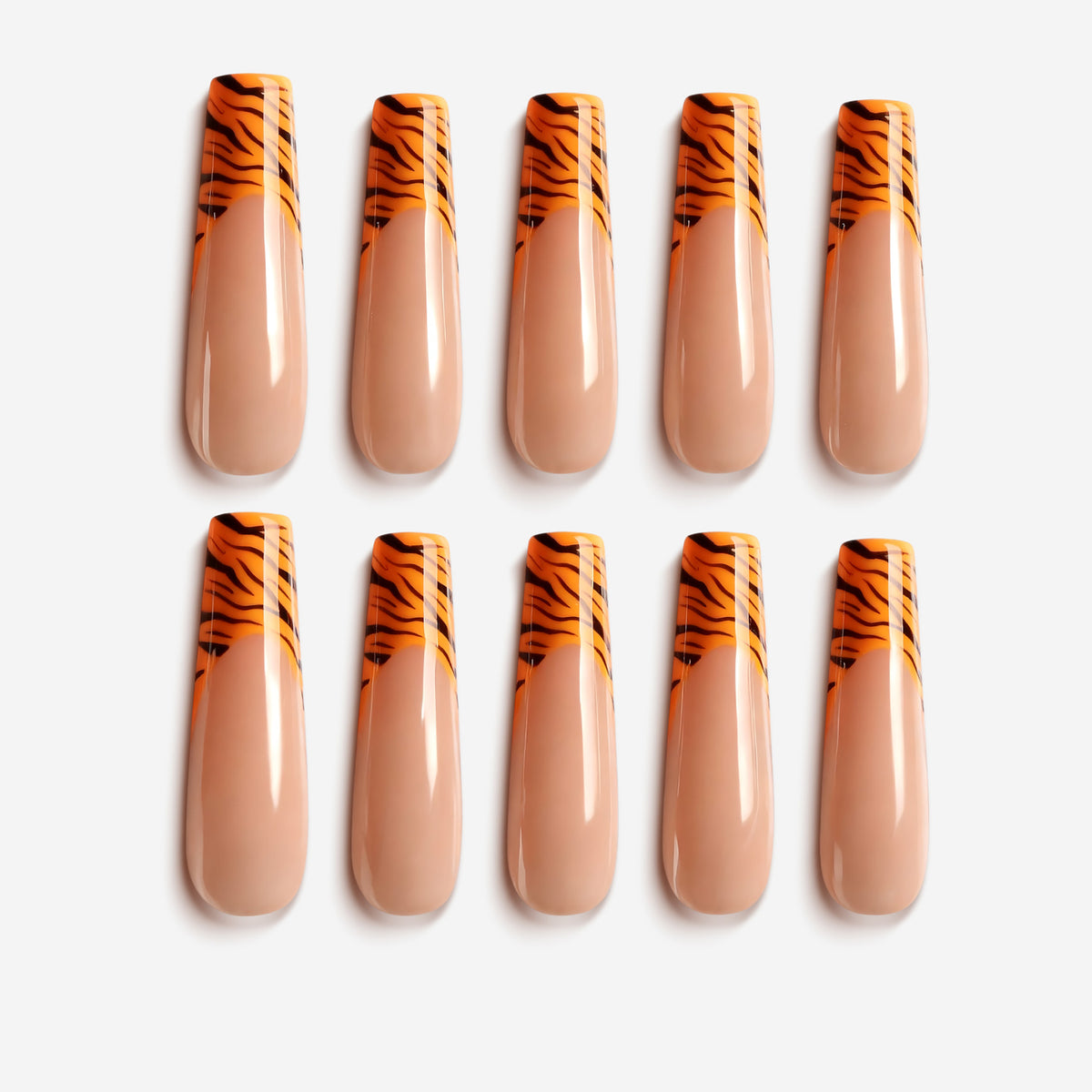  Ember Tiger Tips press on nails with orange tiger-stripe French design