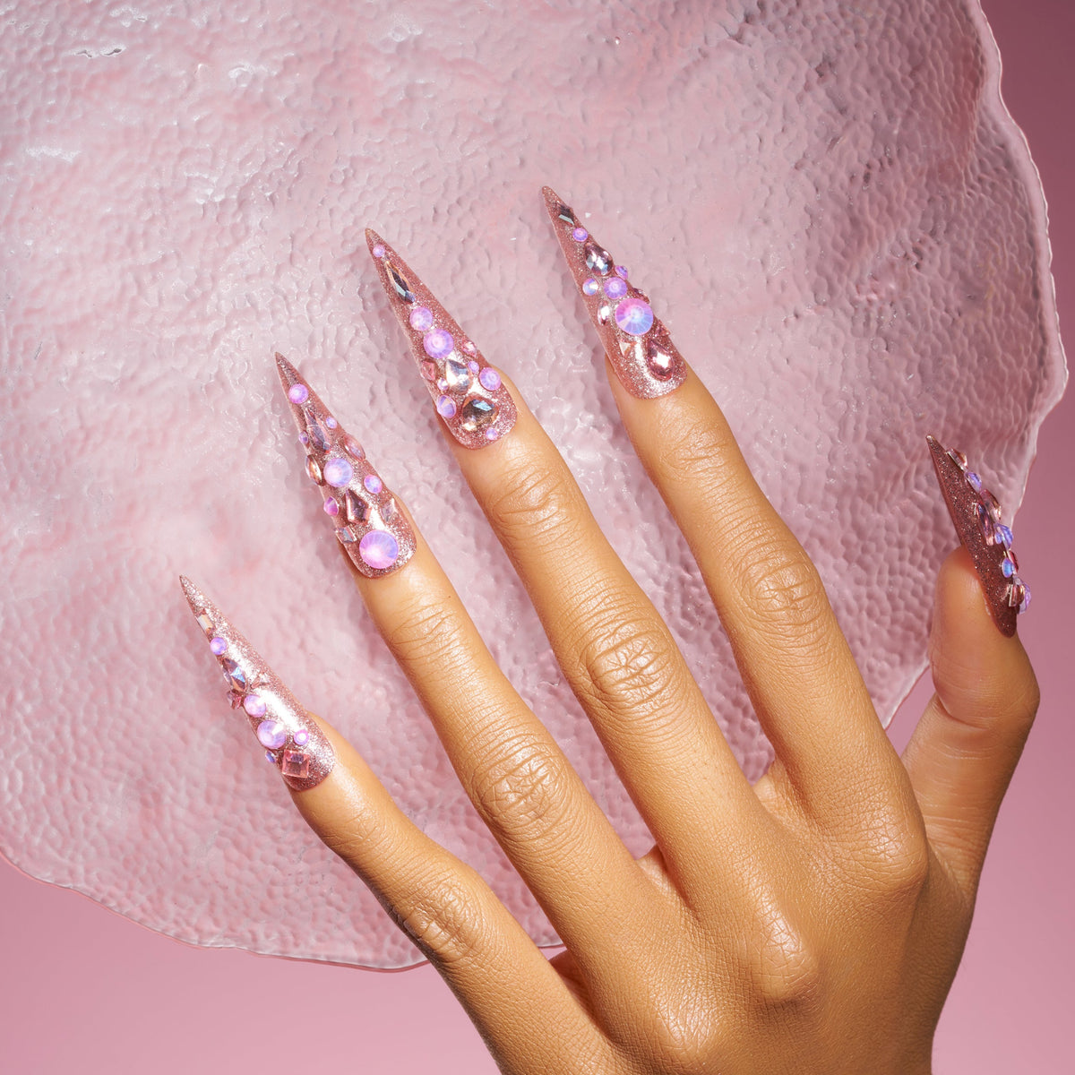 Gemstone Wings luxury long press on nails with 3D gemstones and wing-like crystal placement