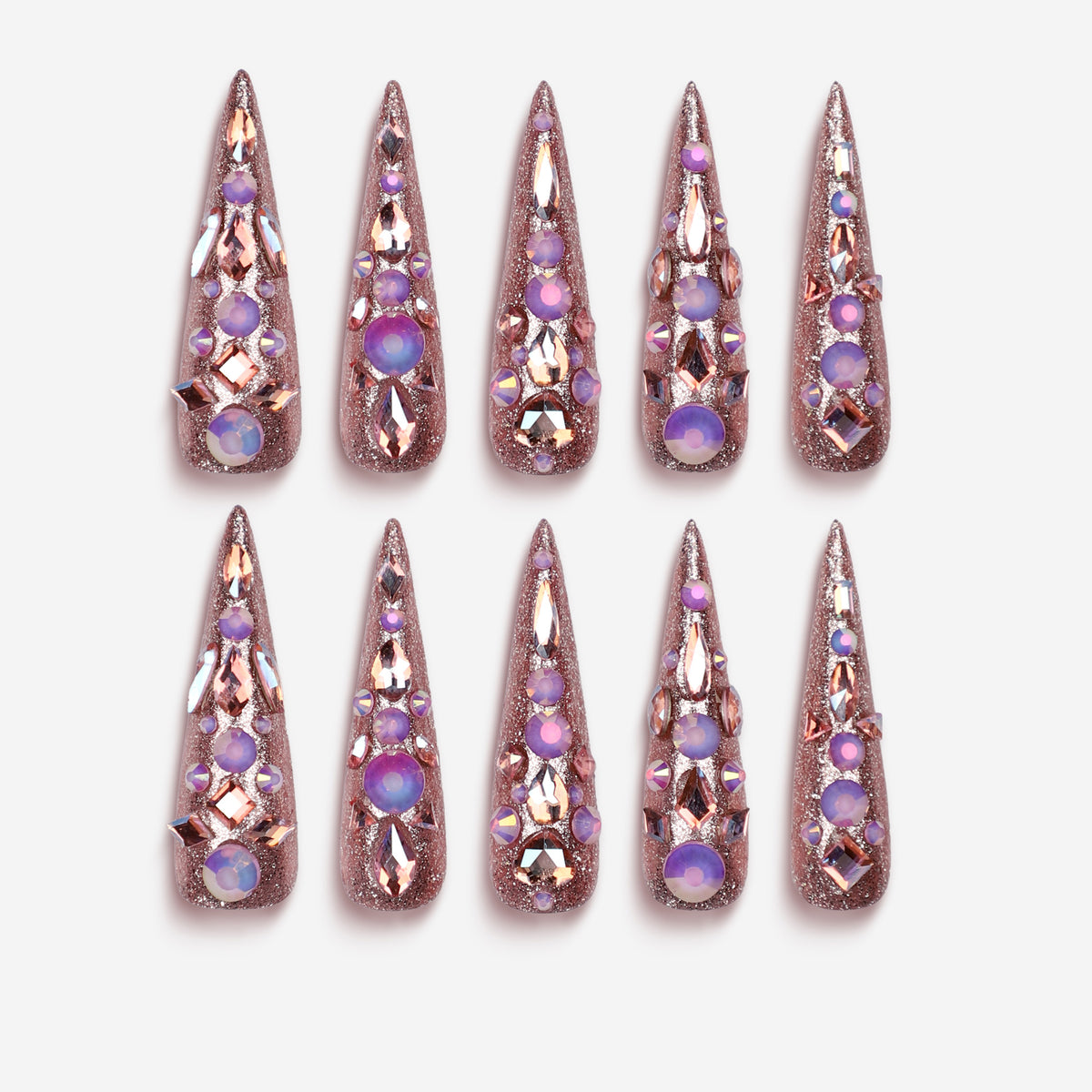 Gemstone Wings luxury long press on nails with 3D gemstones and wing-like crystal placement