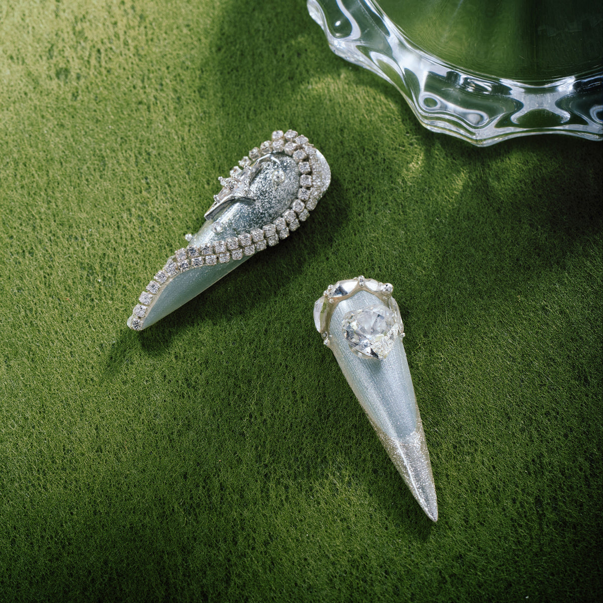 Silver and white glacier-inspired French press on nails with shimmer and icy texture