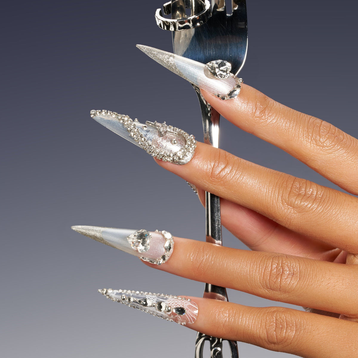 Silver and white glacier-inspired French press on nails with shimmer and icy texture