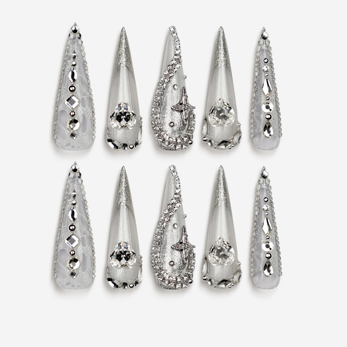 Silver and white glacier-inspired French press on nails with shimmer and icy texture