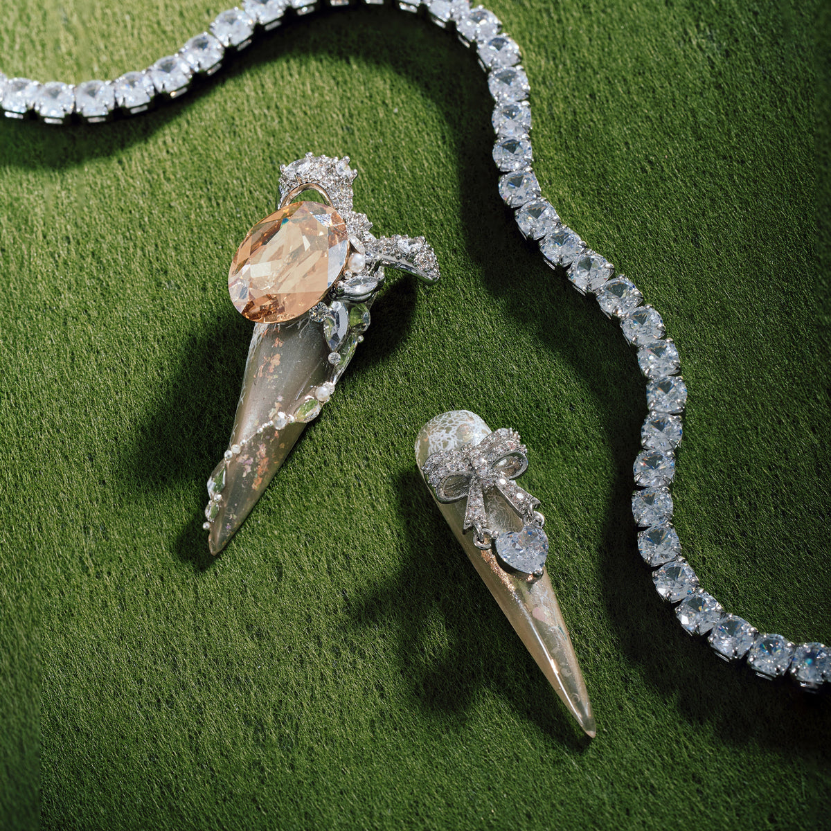 Glittering Illusion luxury press on nails with pearls, crystals and iridescent gemstones on nude base