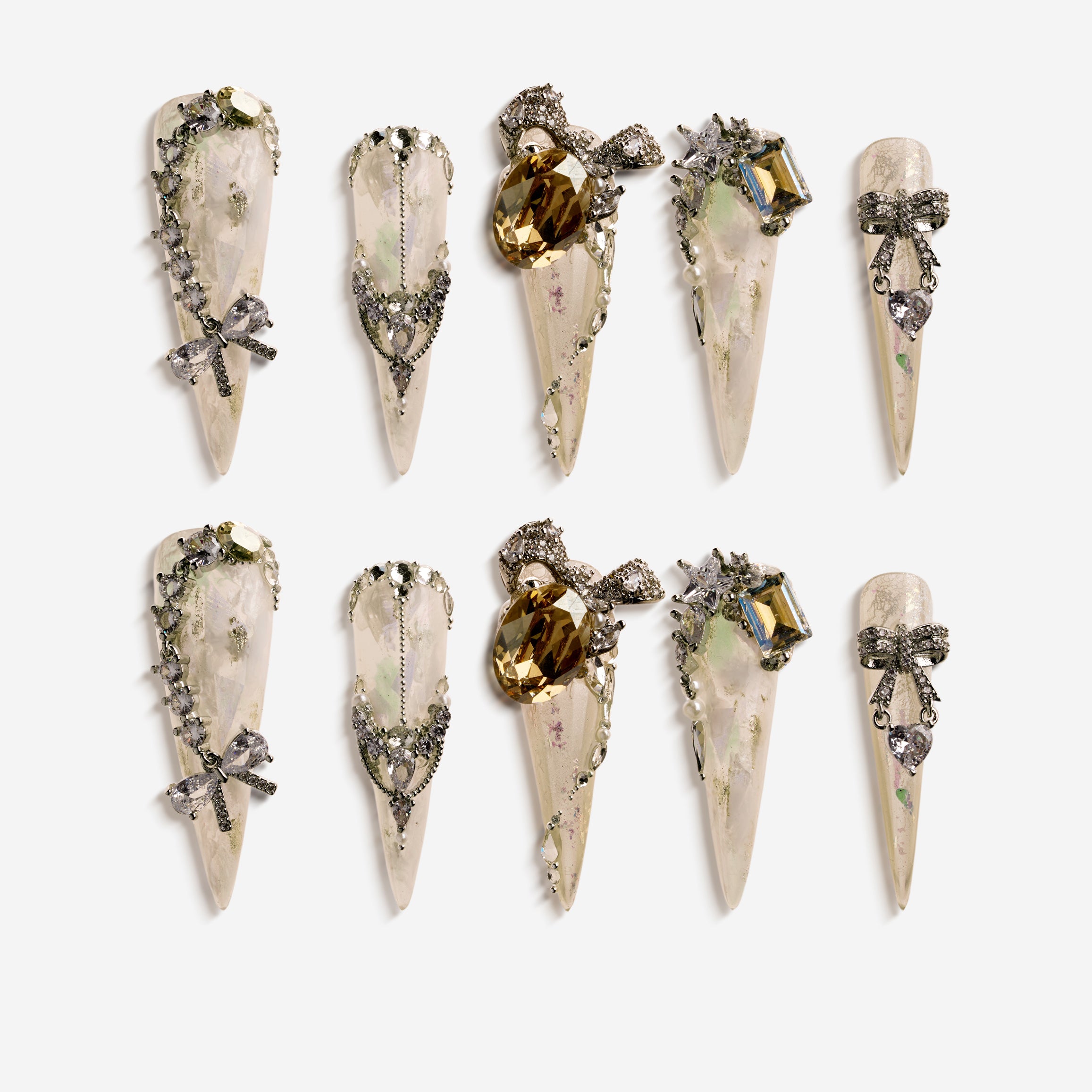 Glittering Illusion luxury press on nails with pearls, crystals and iridescent gemstones on nude base