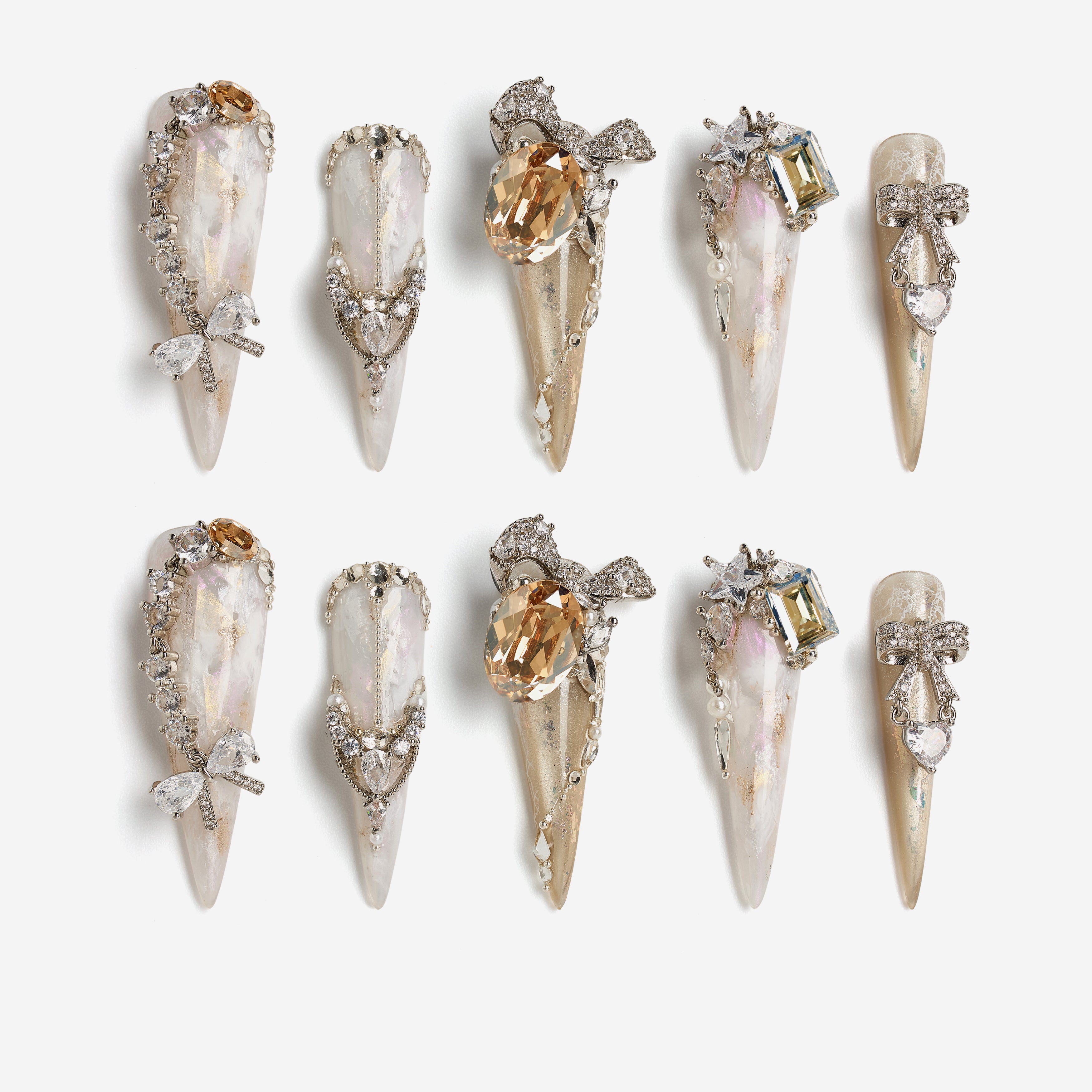 Glittering Illusion luxury press on nails with pearls, crystals and iridescent gemstones on nude base