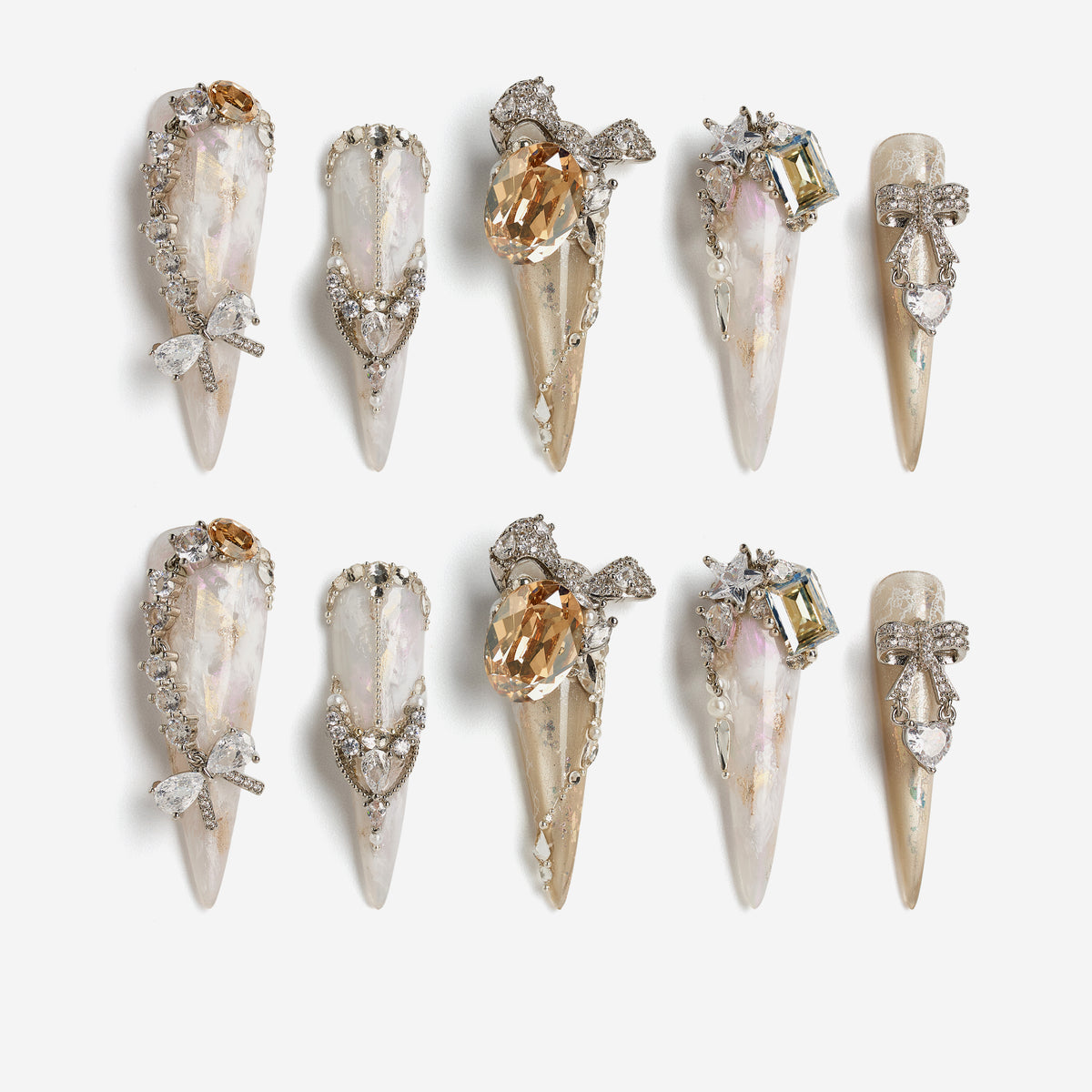 Glittering Illusion luxury press on nails with pearls, crystals and iridescent gemstones on nude base