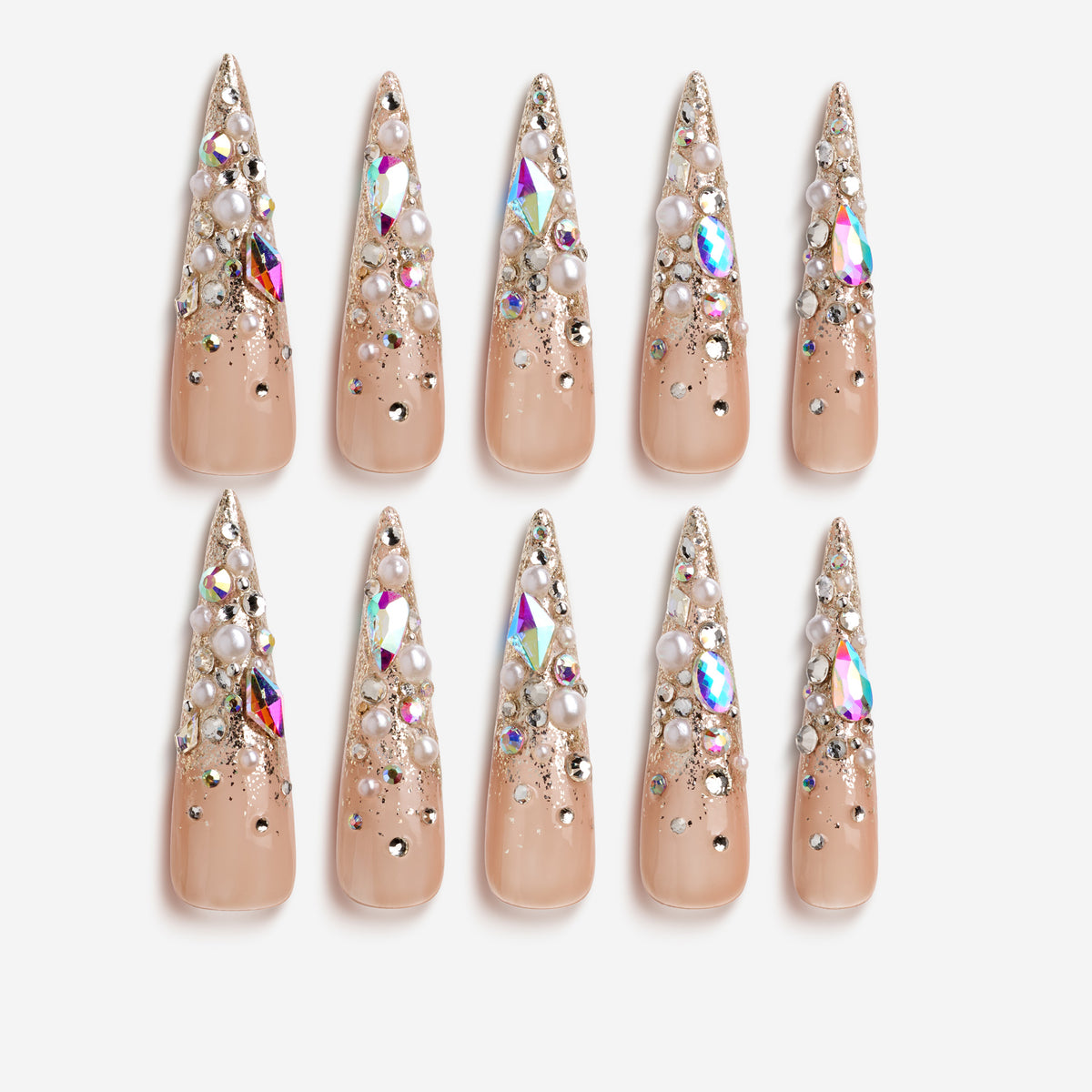 Glittery Cosmos press on nails in rose gold glitter with 3D crystals and gemstone clusters
