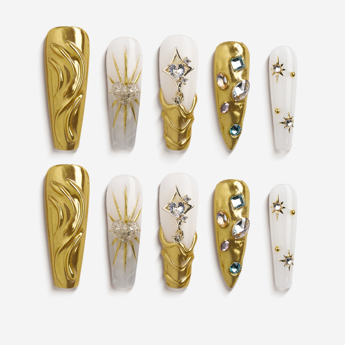 Luxury gold chrome press on nails with crystal details. High shine, sculpted texture and reusable glam design.