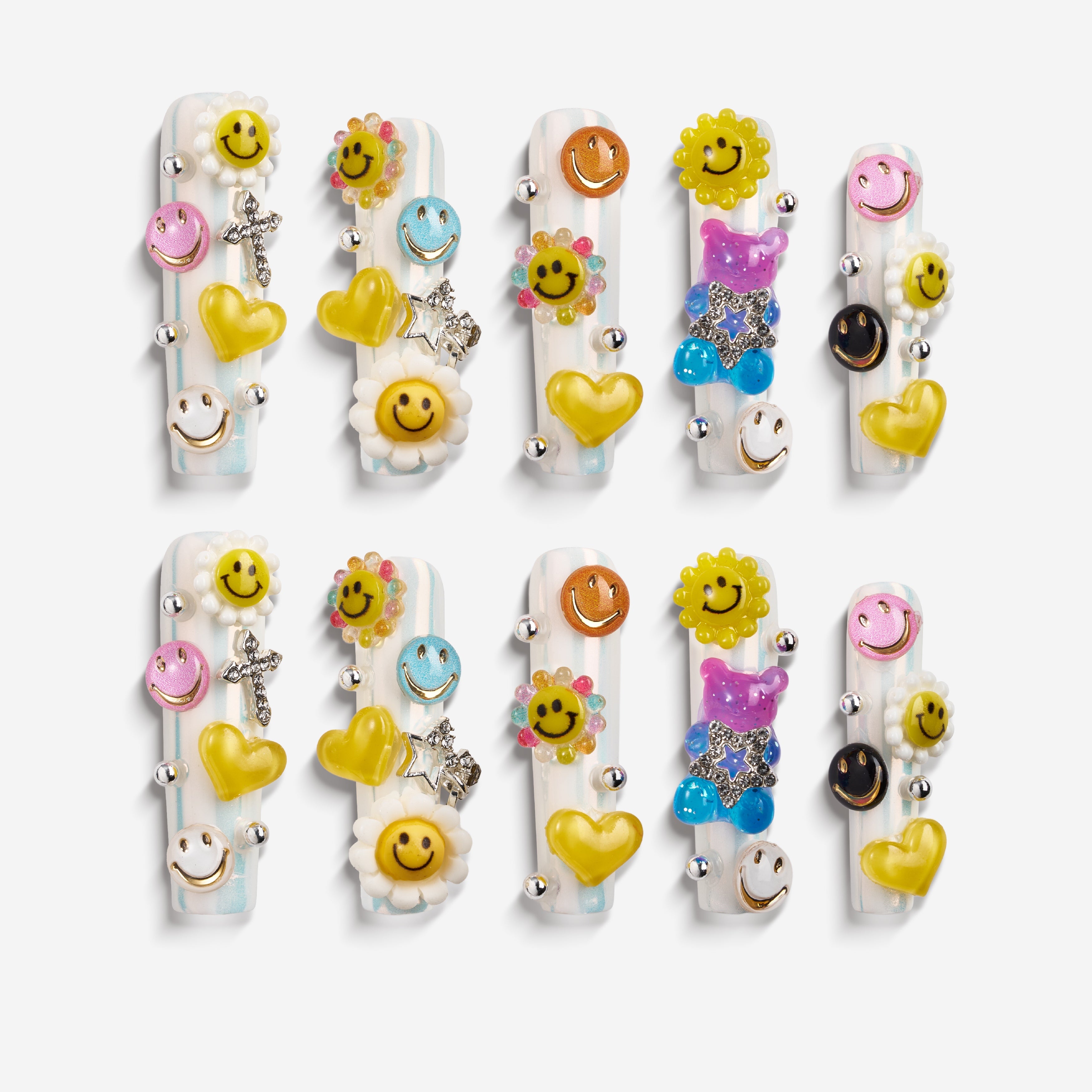 Colorful smiley face 3D press on nails in playful Y2K style. Reusable handmade nail art set.