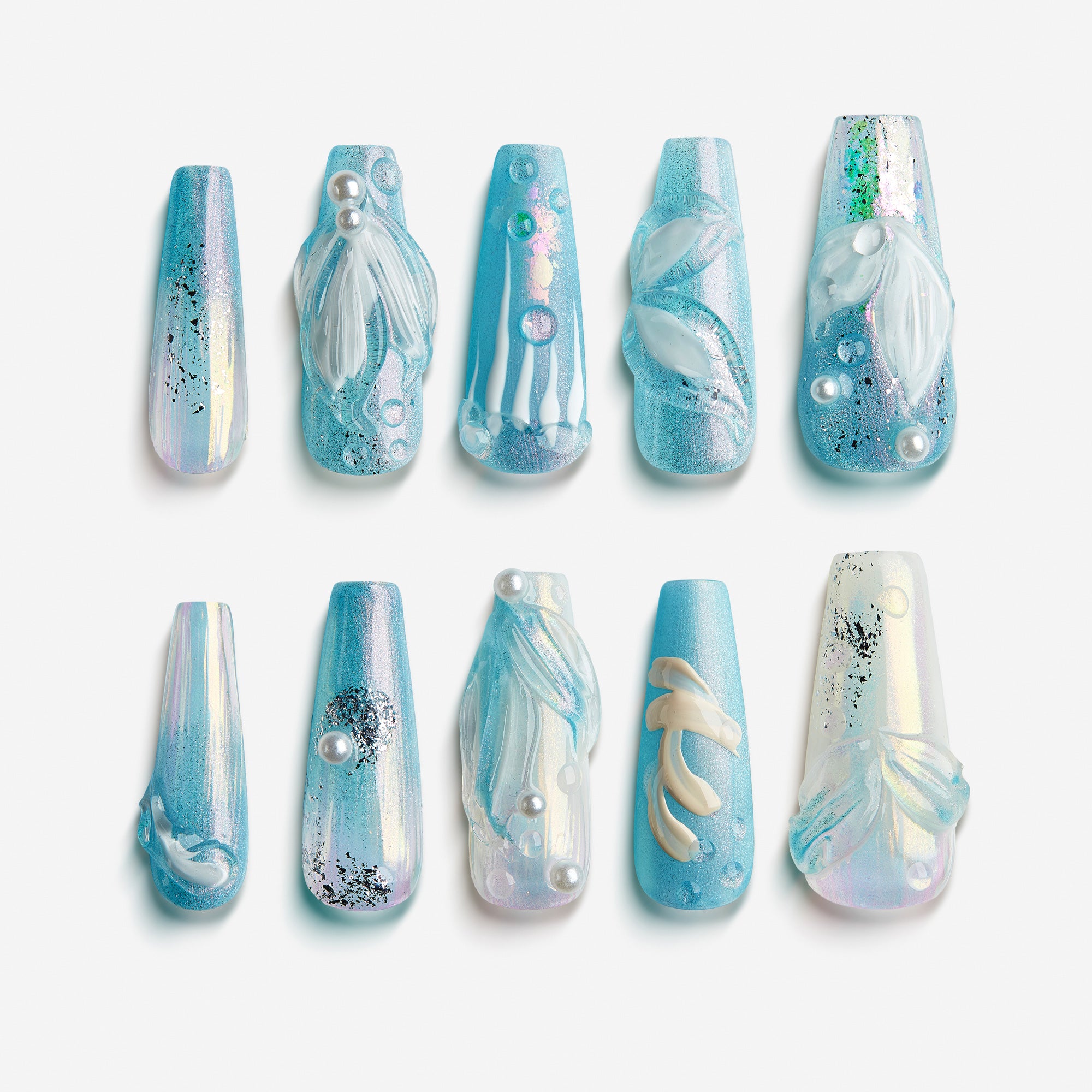 Ice Sea Fairy press-on nails with blue gradient, pearl accents, and 3D ocean-inspired textures