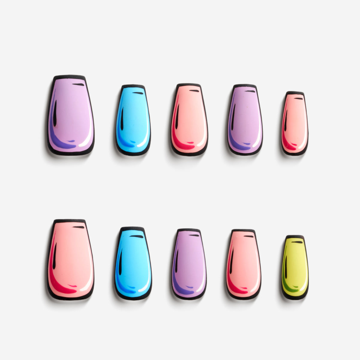  Iridescent Glass press on nails in colorful gradient cartoon style with glossy 3D shine