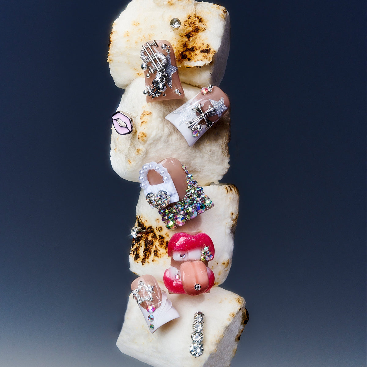 3D red lips press on nails with silver butterfly, rhinestones, and nude base