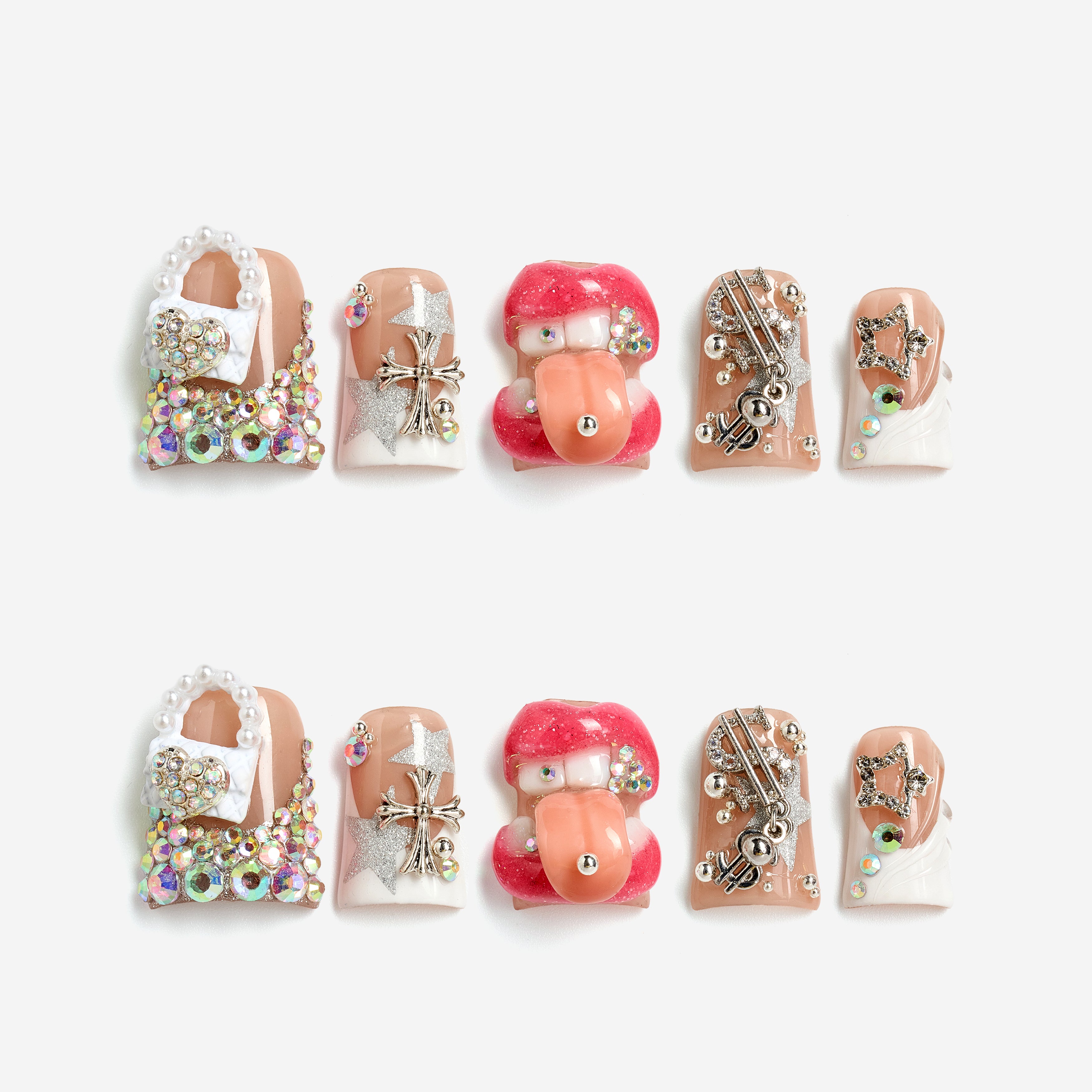 3D red lips press on nails with silver butterfly, rhinestones, and nude base