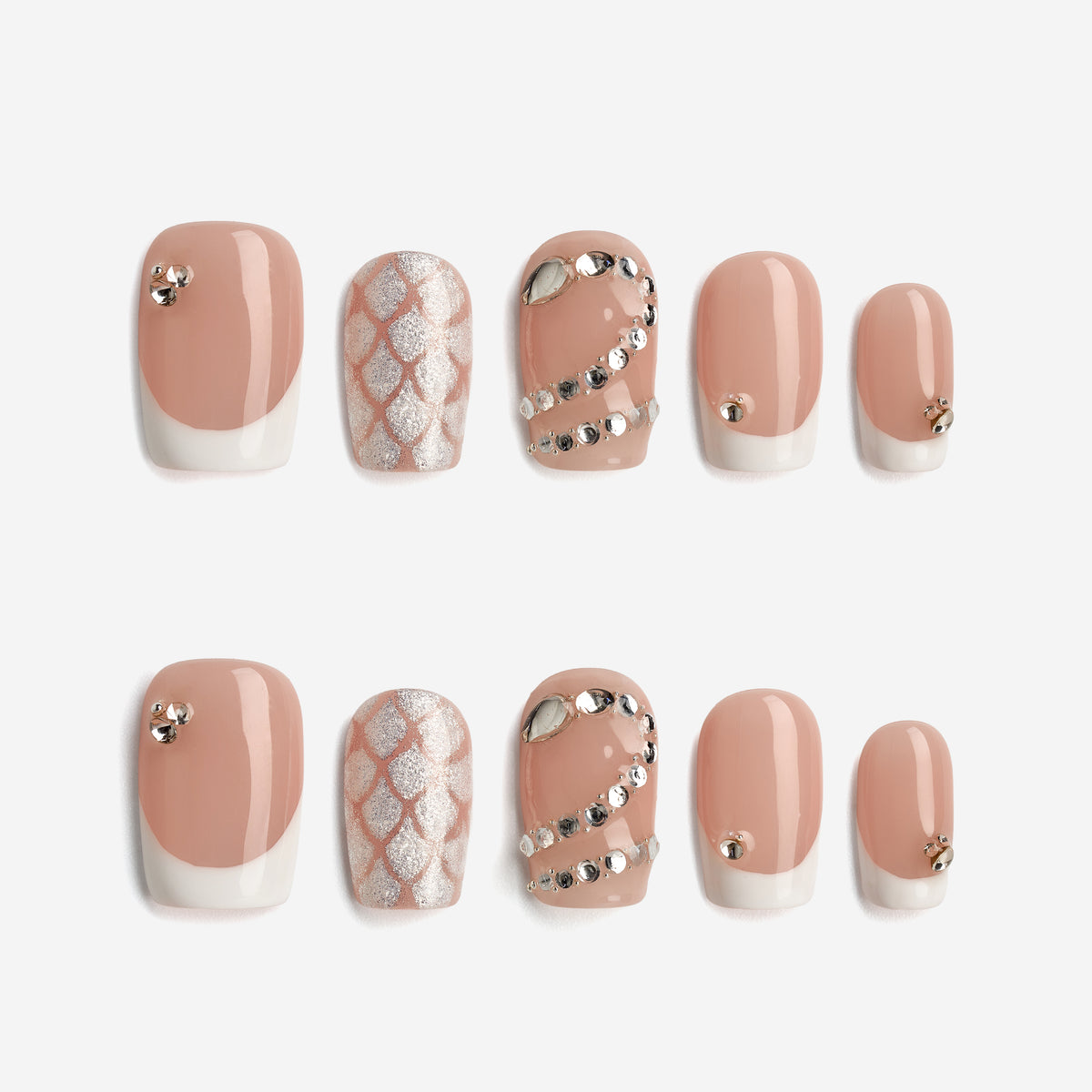 Elegant nude pink French press on nails with crystal accents. Minimal, glossy and reusable.