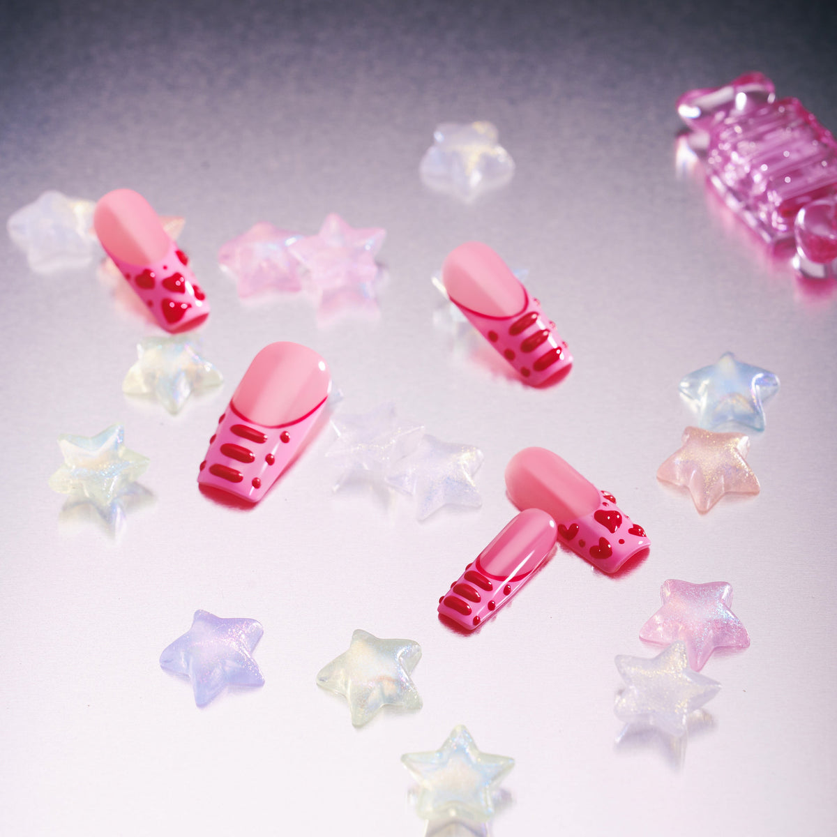 Sweet peach press on nails with 3D heart details. Romantic glossy finish and reusable comfort fit.