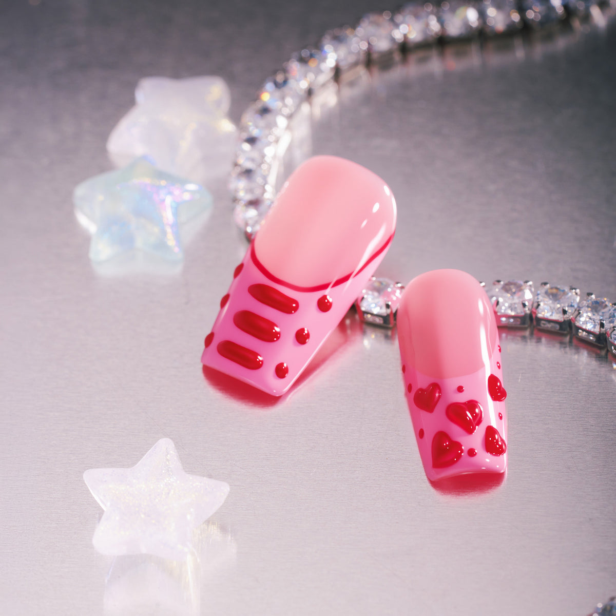 Sweet peach press on nails with 3D heart details. Romantic glossy finish and reusable comfort fit.