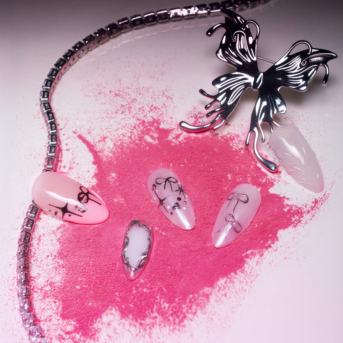 Pink and lavender gradient press on nails with 3D crystal floral accents