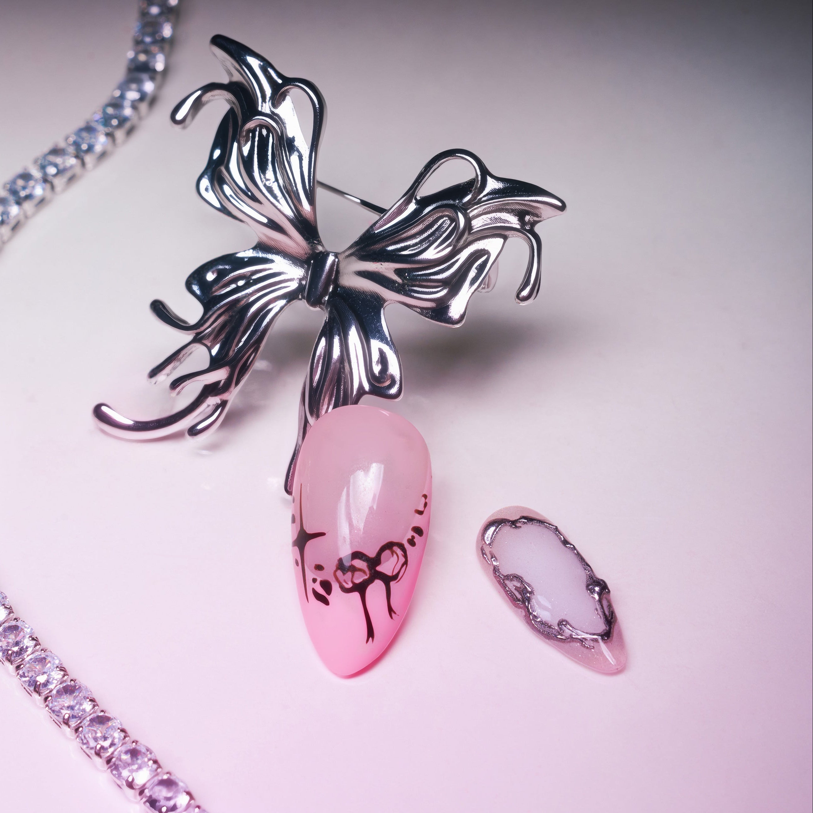 Pink and lavender gradient press on nails with 3D crystal floral accents