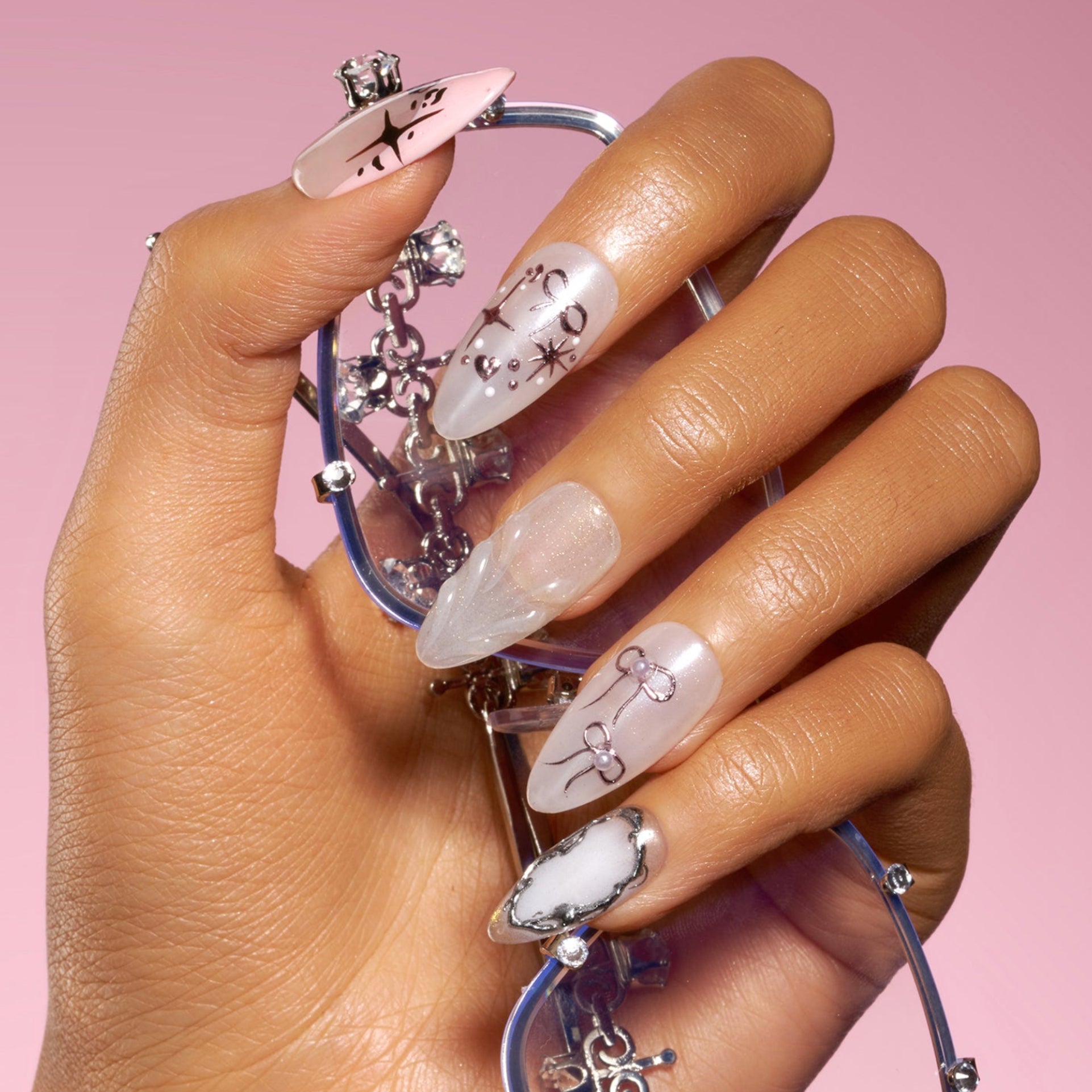 Pink and lavender gradient press on nails with 3D crystal floral accents