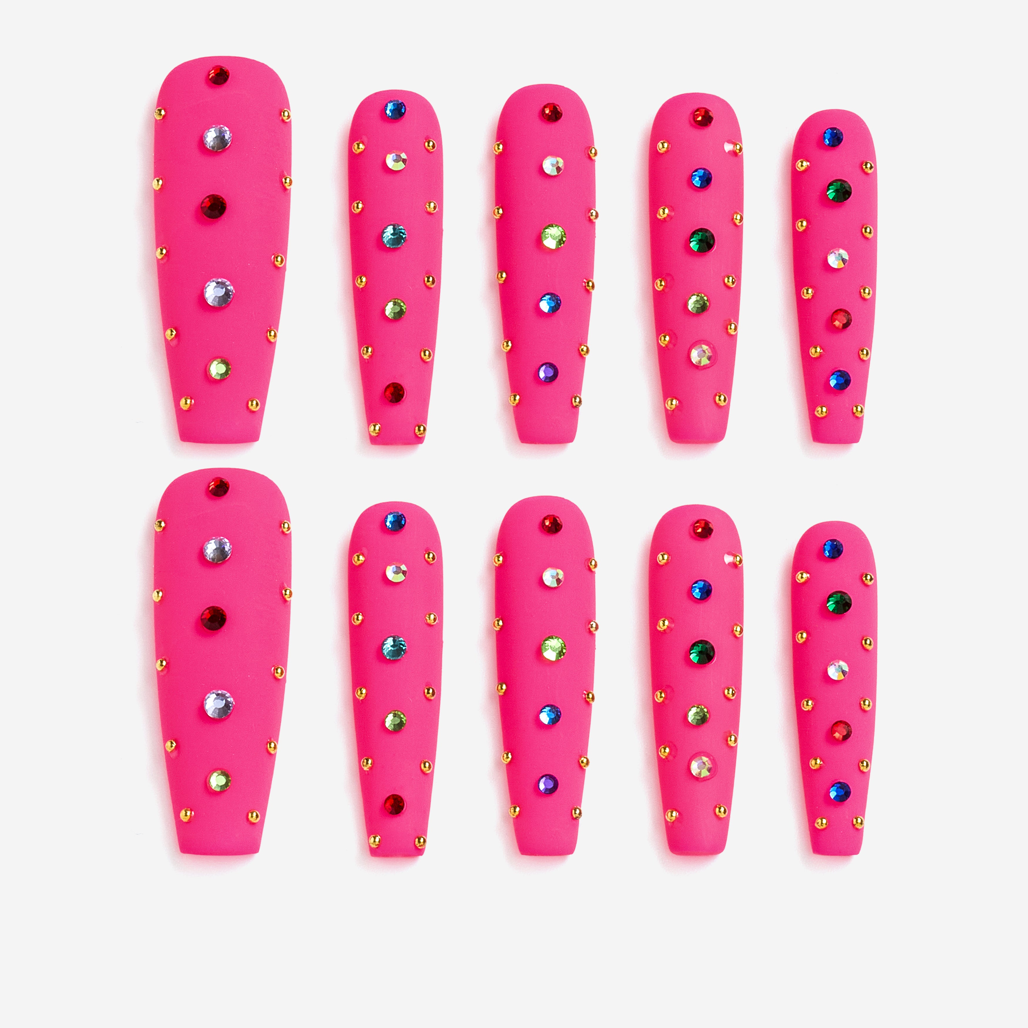 Hot pink luxury press on nails with multicolor crystal embellishments