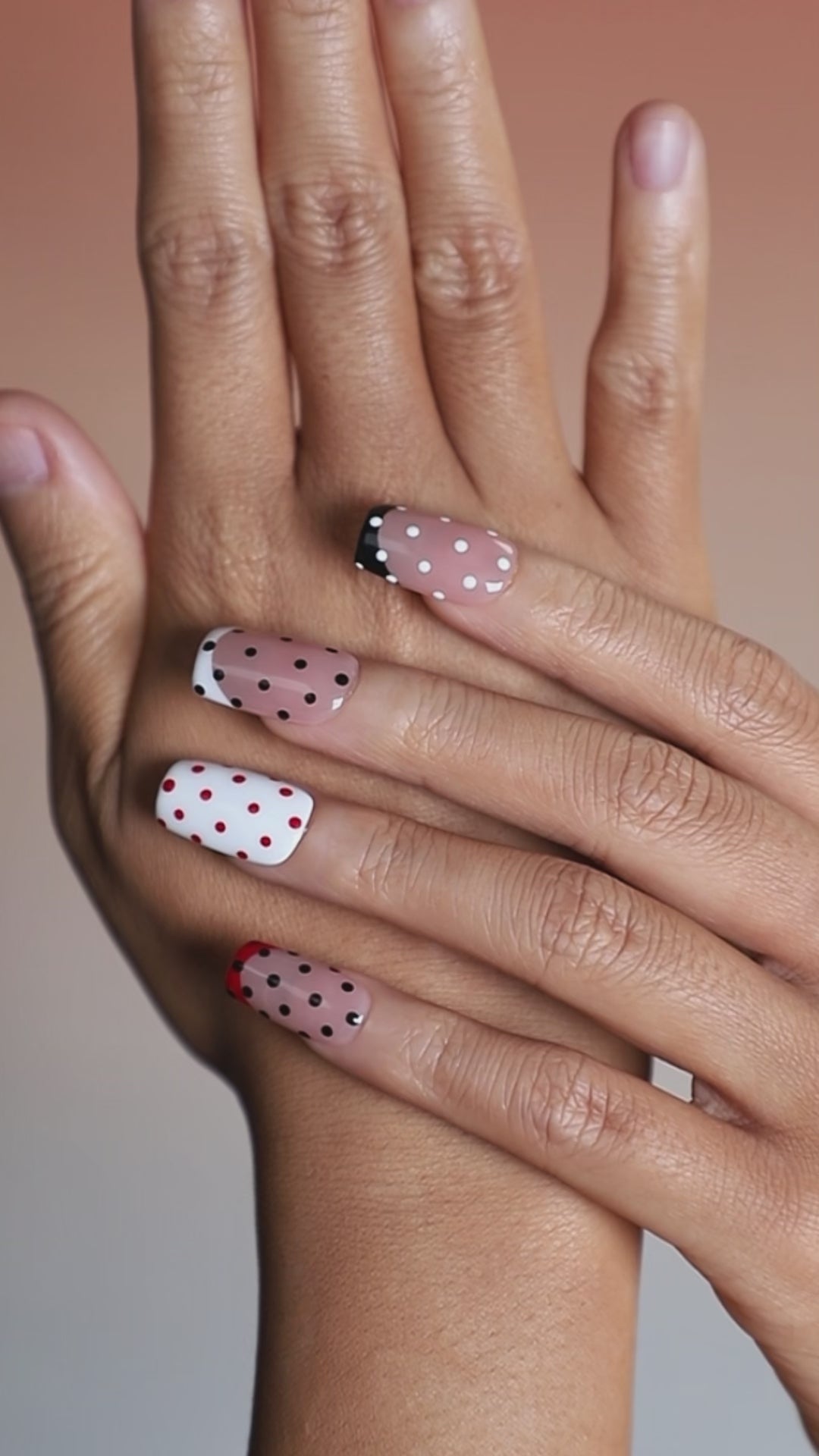 Retro polka dot press on nails in red, nude and white. Fun everyday manicure set.