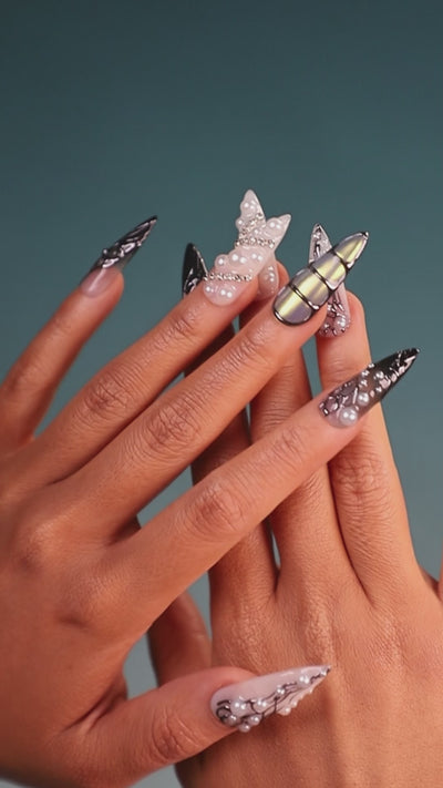 dresup silver coral chrome pearl press on nails