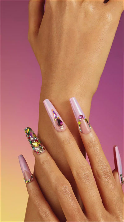 dresup Pink Sparkle Gradient press on nails featuring chrome shine and crystal details. Glossy glam false nails.
