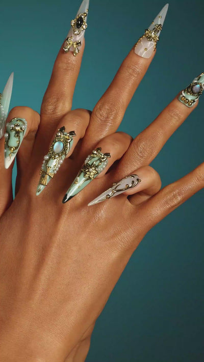 Regal Feather Adornment luxury emerald and white press on nails with gold 3D ornaments, pearls and gemstone details