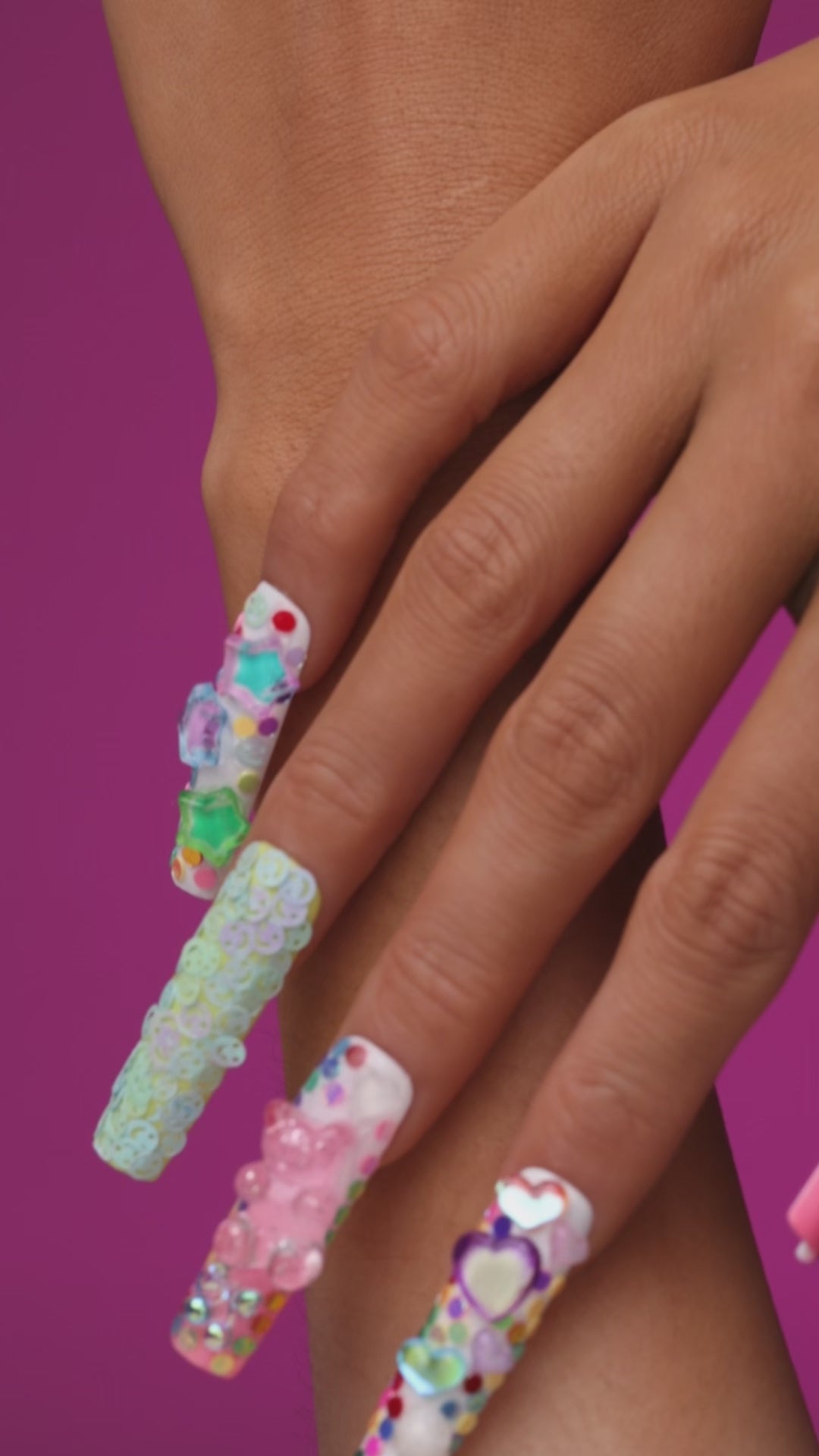 Dreamy gradient press on nails with iridescent stars and heart accents. Reusable handmade nail set.