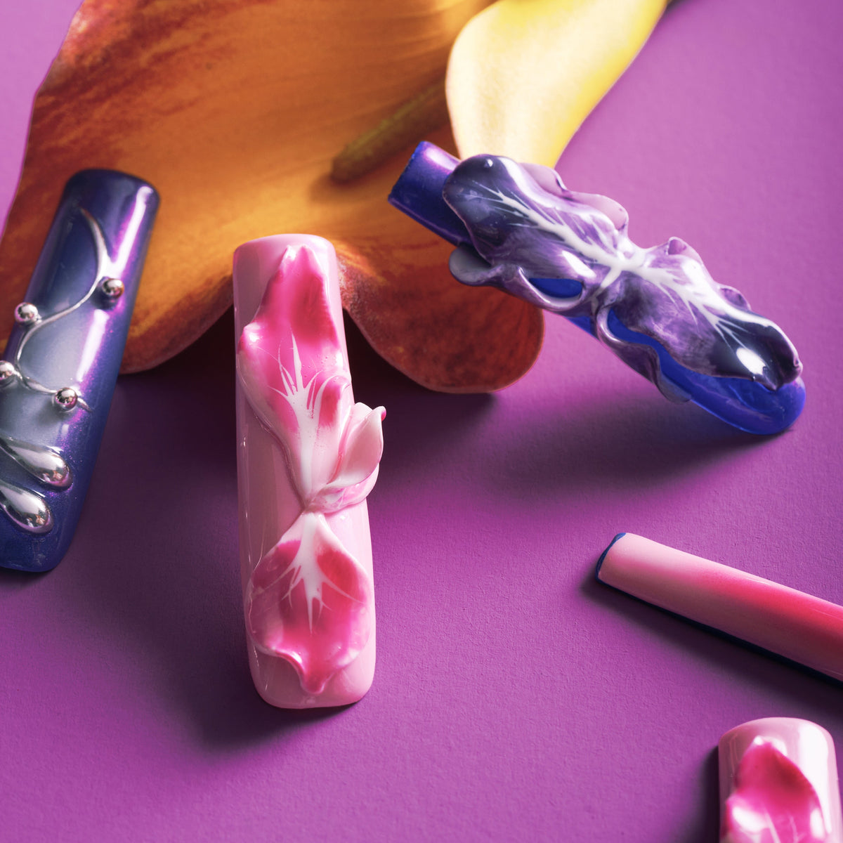 Handmade 3D butterfly coffin press on nails in purple gradient tones. Reusable artistic statement nail set.