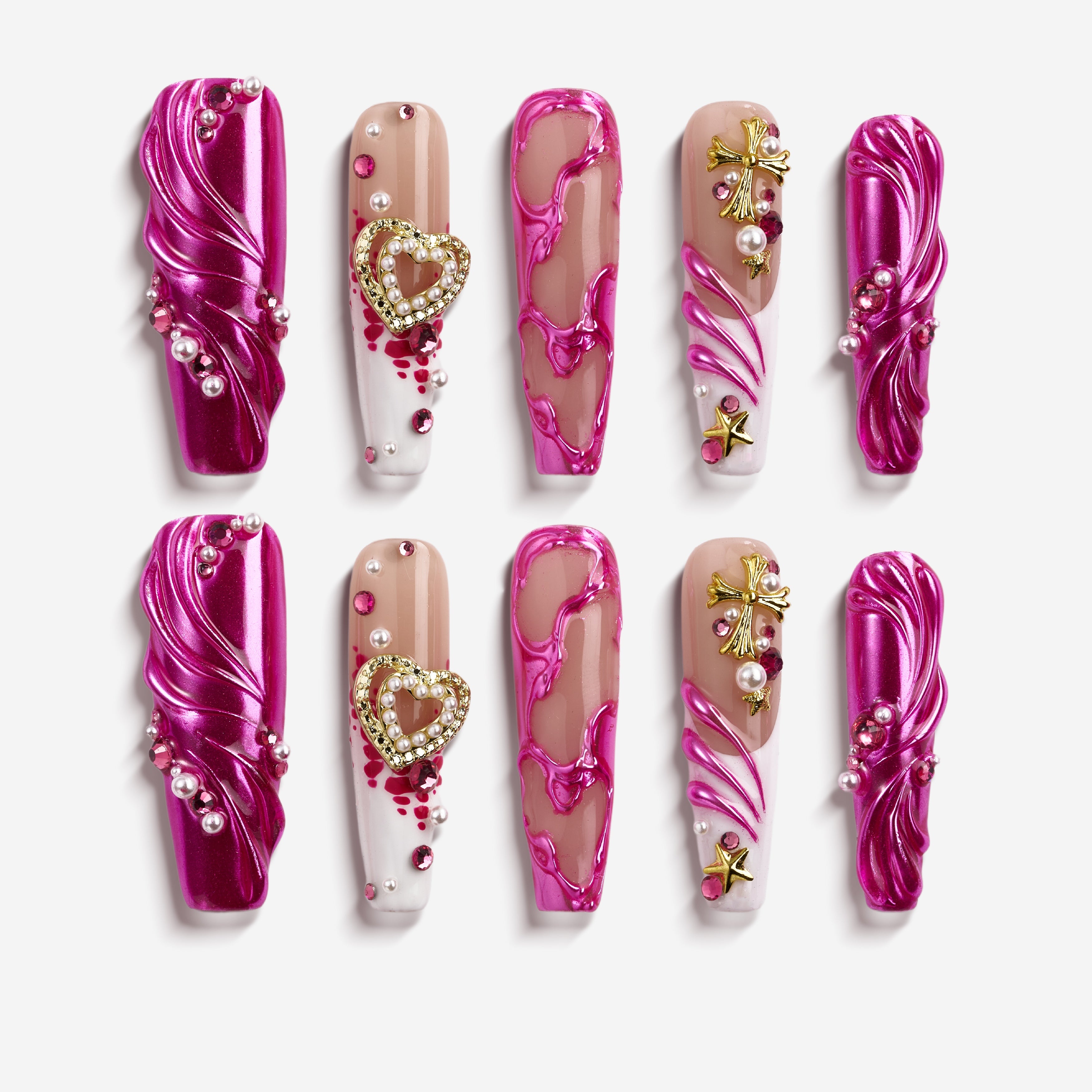 Metallic purple chrome press on nails with sculpted textures and celestial accents. Bold, glossy and reusable.