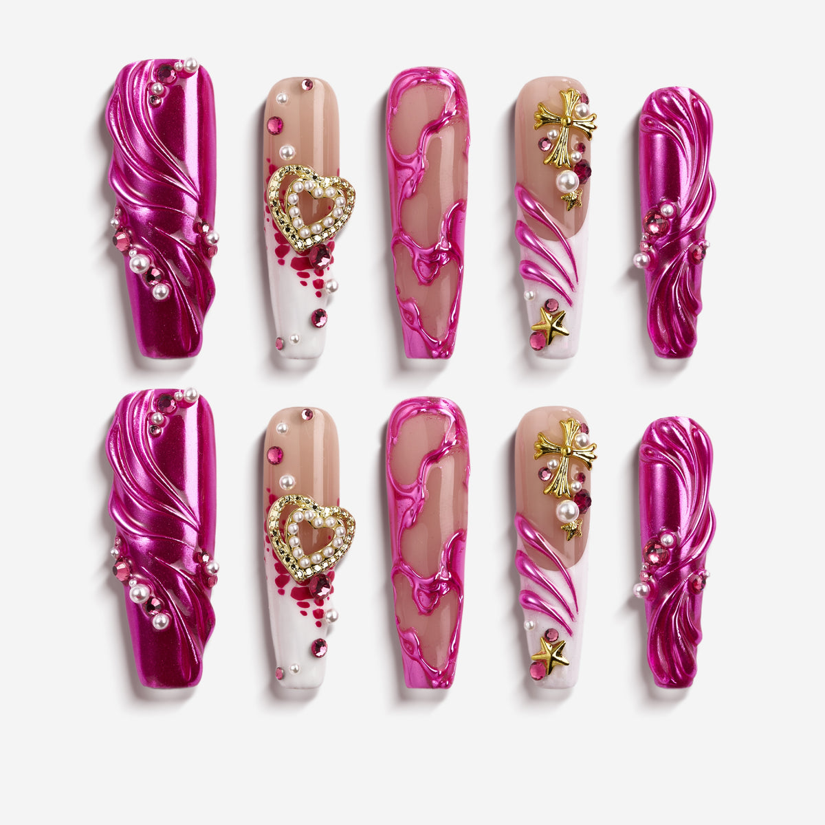 Metallic purple chrome press on nails with sculpted textures and celestial accents. Bold, glossy and reusable.