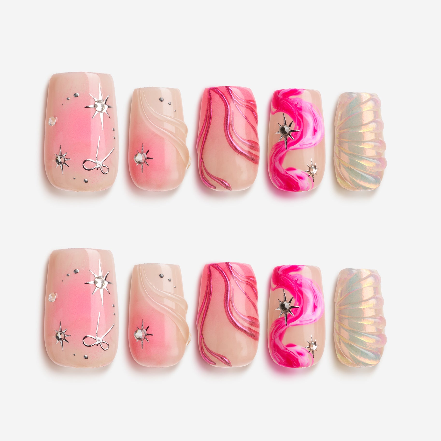 Radiant Sheen press on nails in square shape with pink glow and silver accents