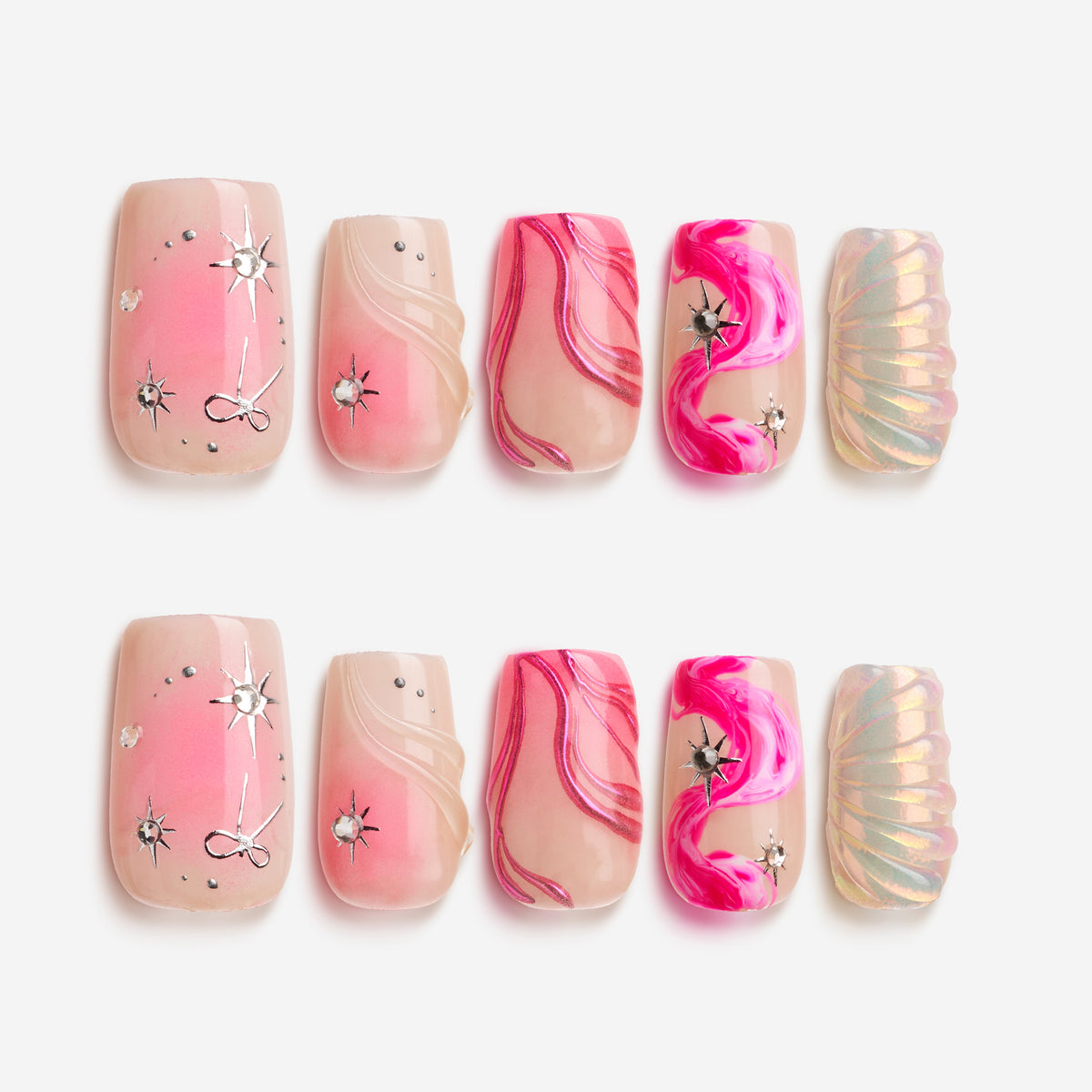 Radiant Sheen press on nails in square shape with pink glow and silver accents