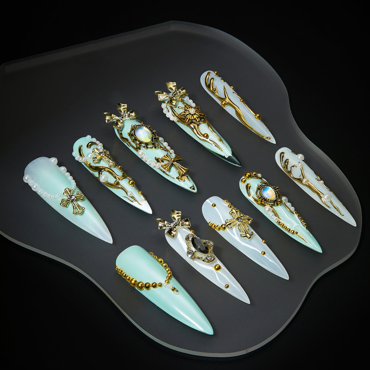 Regal Feather Adornment luxury emerald and white press on nails with gold 3D ornaments, pearls and gemstone details