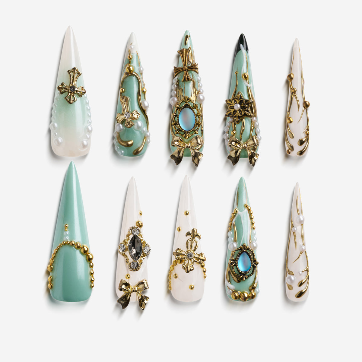 Regal Feather Adornment luxury emerald and white press on nails with gold 3D ornaments, pearls and gemstone details