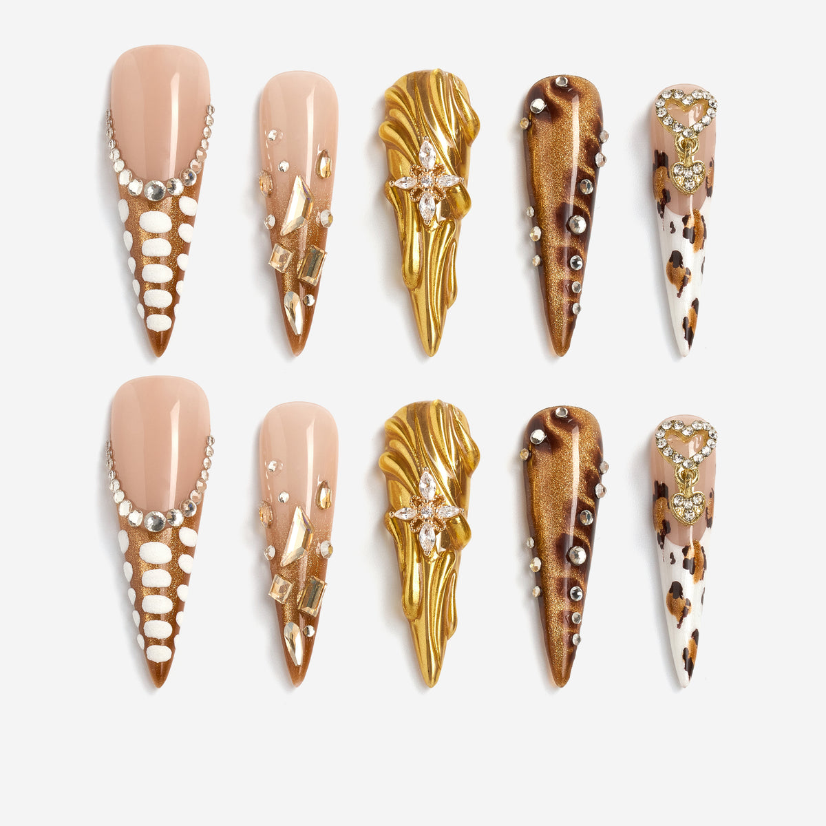 Jewel-inspired luxury press on nails with intricate gemstone arrangements. Handmade reusable nail art set.