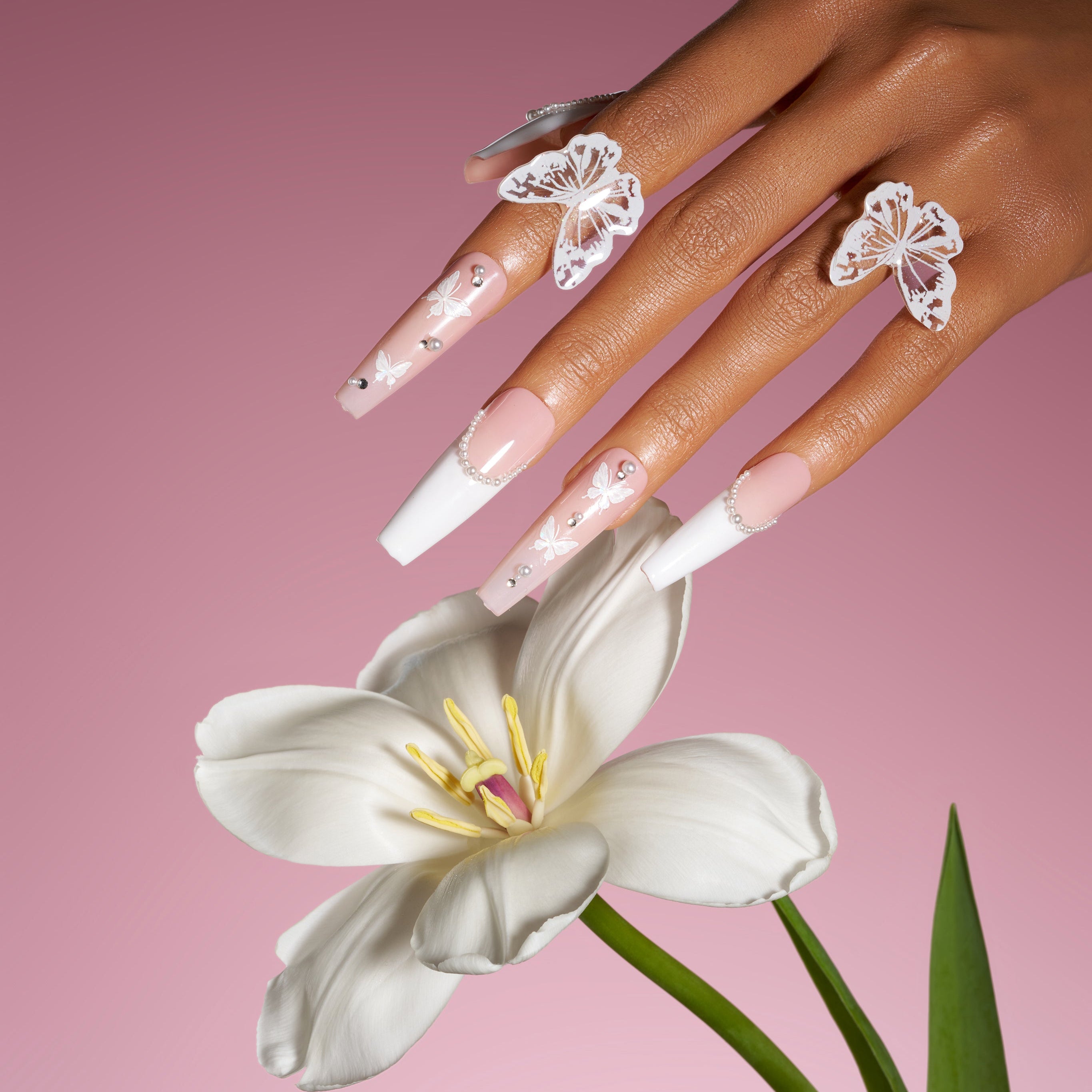 Blush pink ombre press on nails with crystal curves and floral detail. Soft romantic and reusable.
