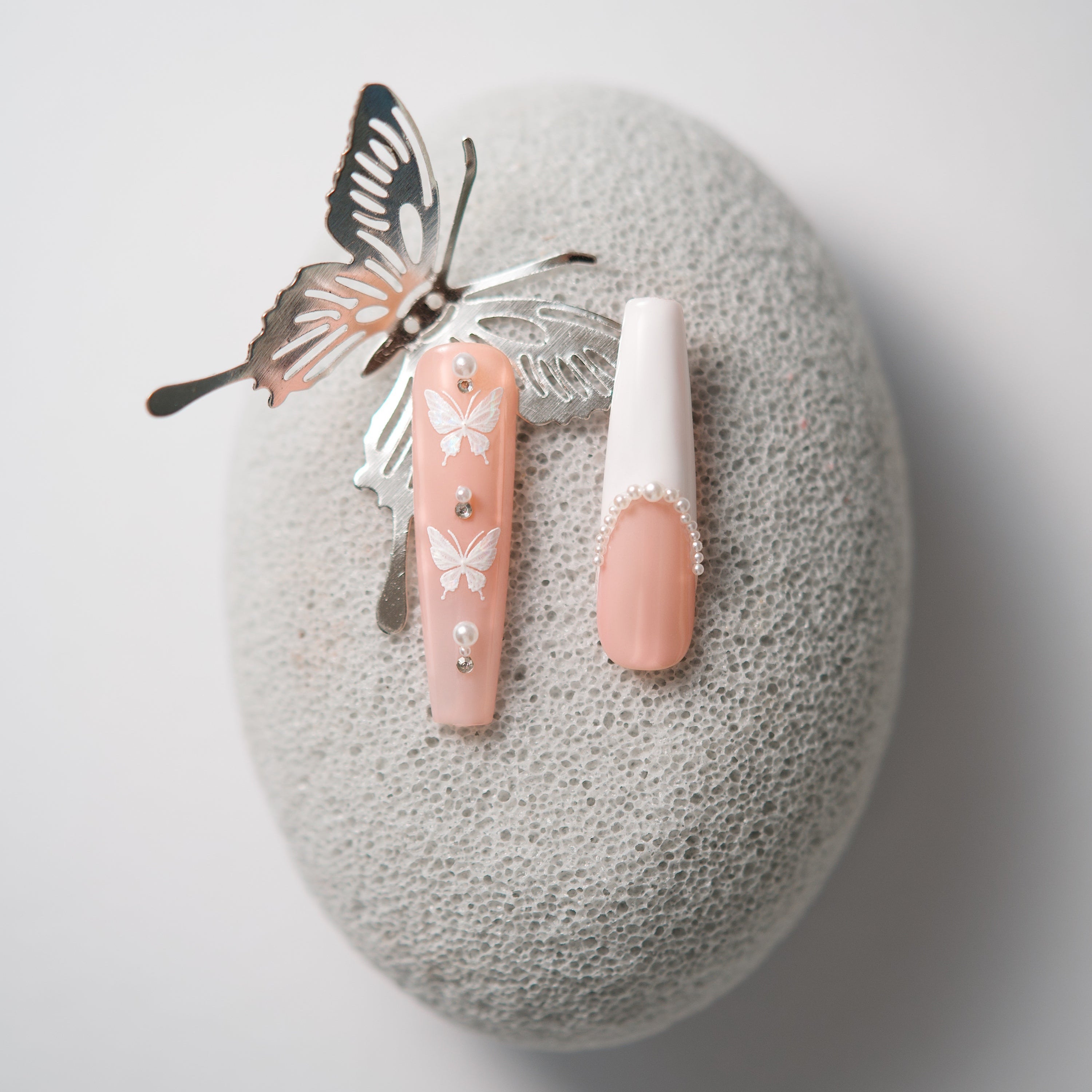 Blush pink ombre press on nails with crystal curves and floral detail. Soft romantic and reusable.