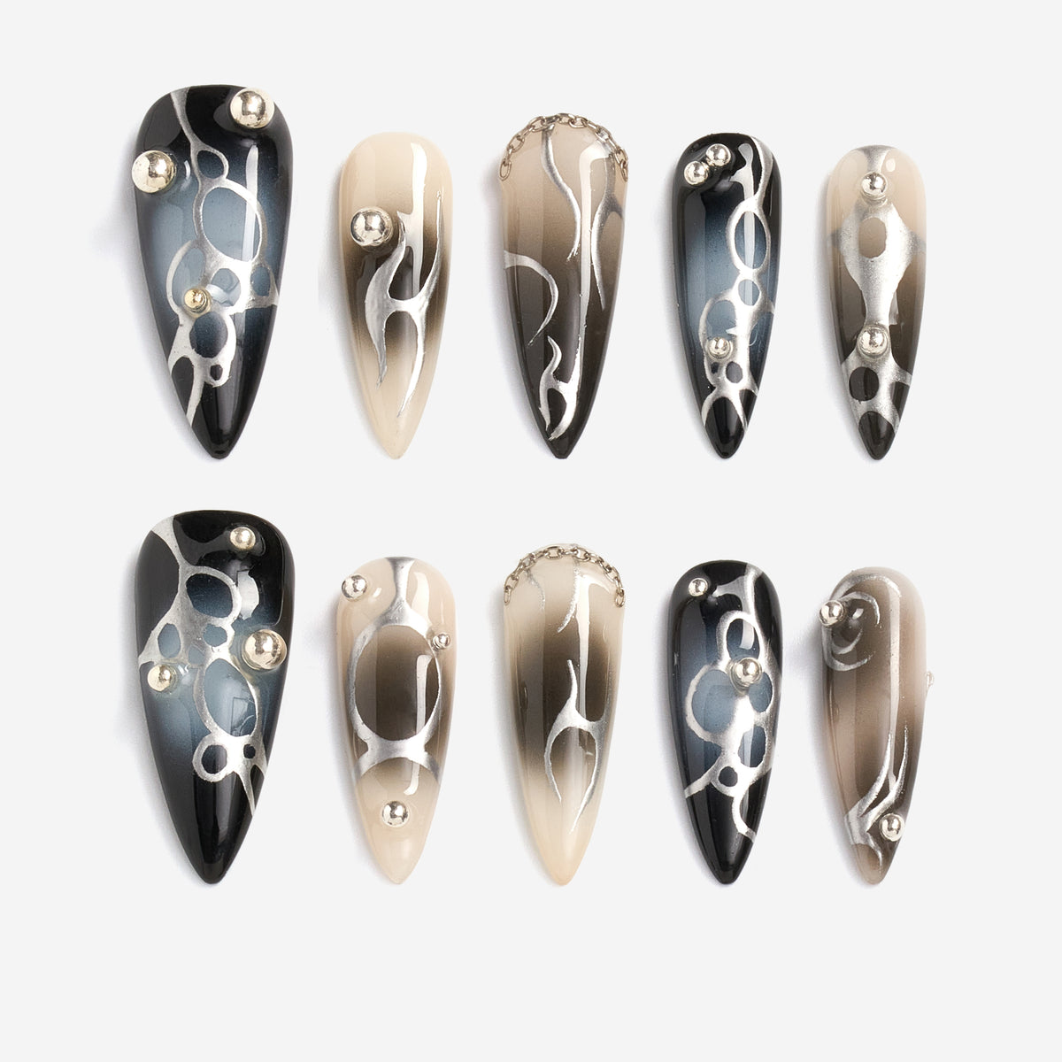 Shadowy Fantasy Vein press-on nails with black-to-blue ombré, metallic chains, and gothic cross embellishments